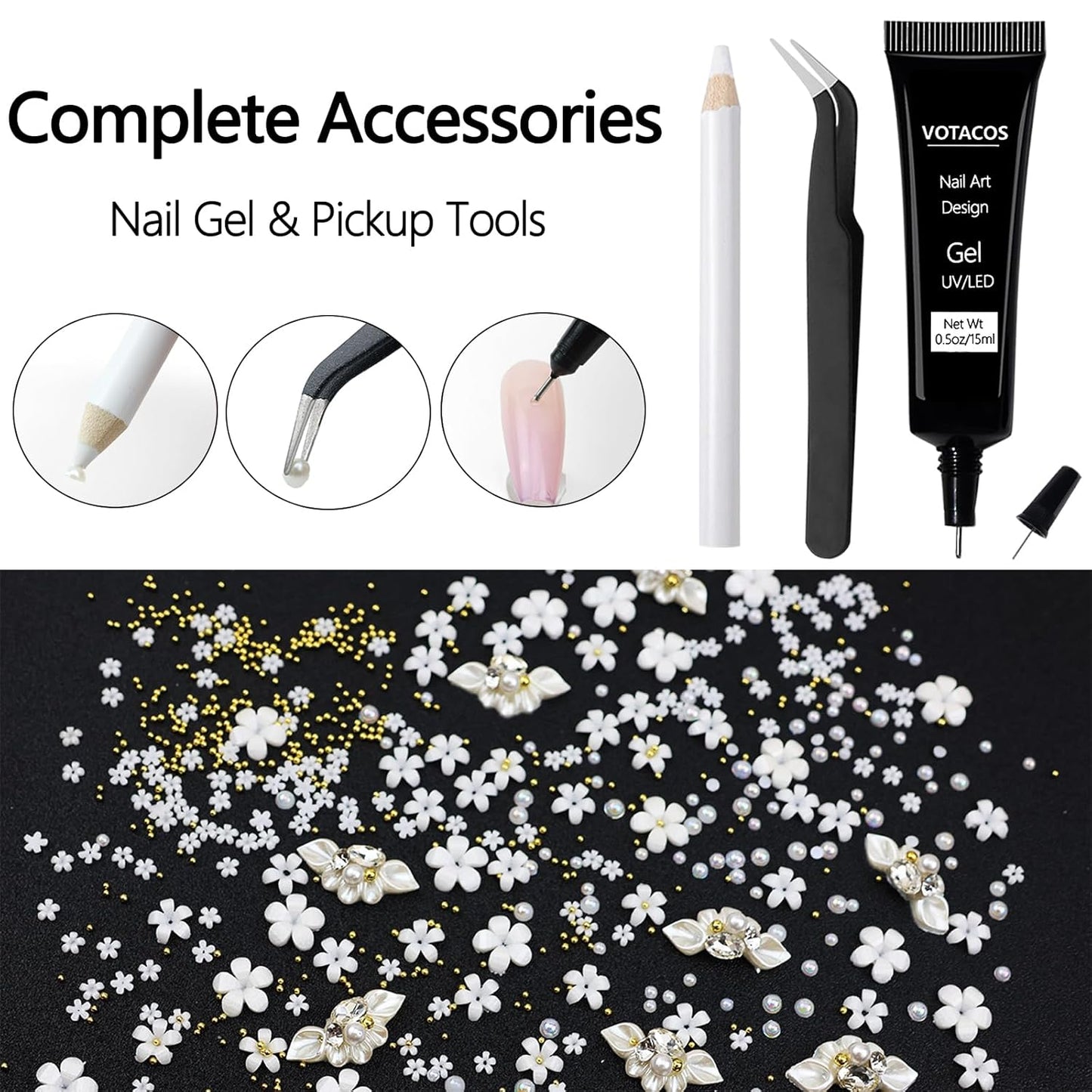 Nail Art Charms with Rhinestones Glue Gel Flatback Pearls Nail Charms Luxurious Nails Supplies Accessories Gold Steel Ball Gems Jewelry Pearls for Women Nails Design