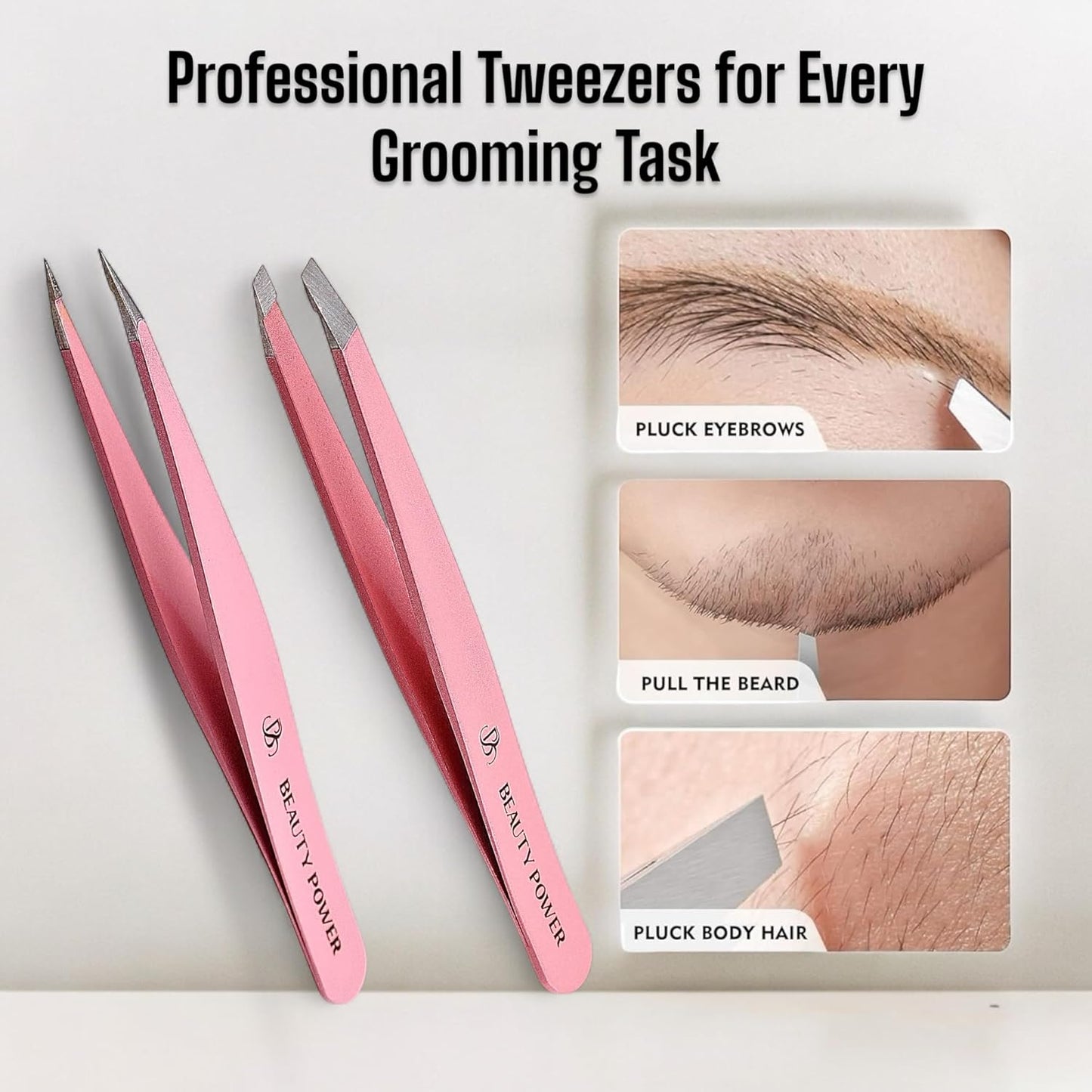 Professional Tweezers Set – Slant & Point, Ultra Precision German Stainless Steel Tweezers for Eyebrows, Chin, Ingrown Hair & Facial Grooming – Lightweight with Travel Case (Pink)