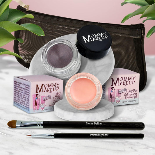 The Everlasting Eye 5 Piece Waterproof Makeup Set. Gel Eyeliner, Creme Eyeshadow, 2 brushes and Mesh Bag. Paraben-free, Talc-free, Cruelty-free. Duchess/Black Orchid 1708
