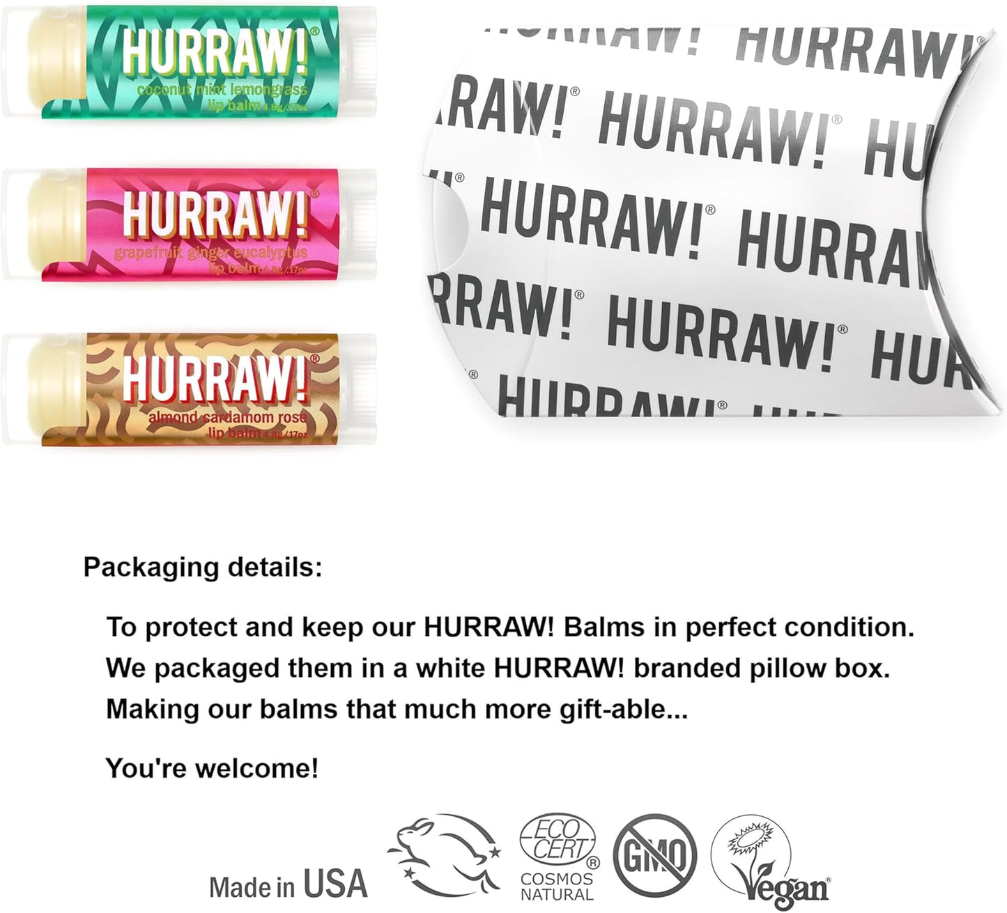 Hurraw! Pitta (Coconut, Mint, Lemon Grass), Kapha (Grapefruit, Ginger, Eucalyptus), Vata (Almond, Cardamon Rose) Lip Balms, 3 Pack Bundle: Organic, Certified Vegan, Cruelty, Gluten Free, 100% Natural