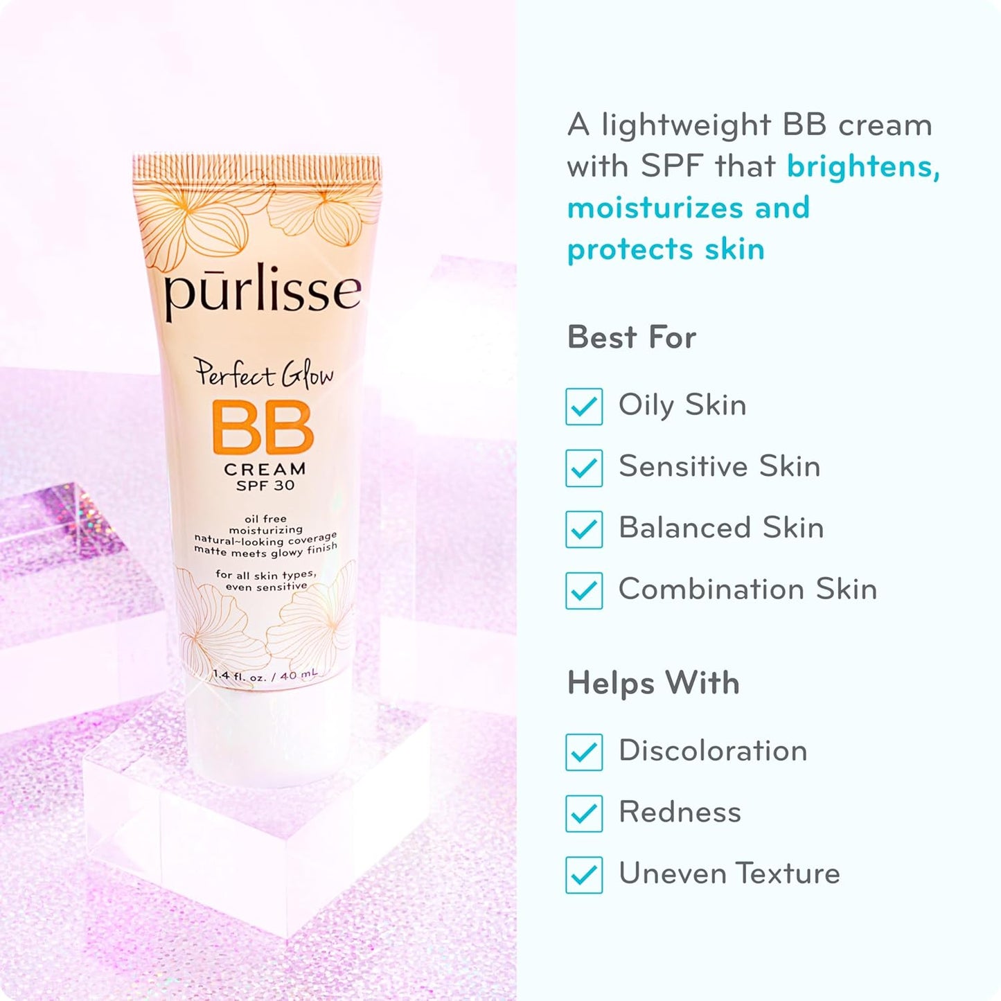 pūrlisse Perfect Glow BB Cream with SPF 30 - Matte Meets Dewy Finish - Enriched with Goji & Hawthorn Berry to Help Improve Skin Texture & Radiance - Light Medium (1.4 oz)