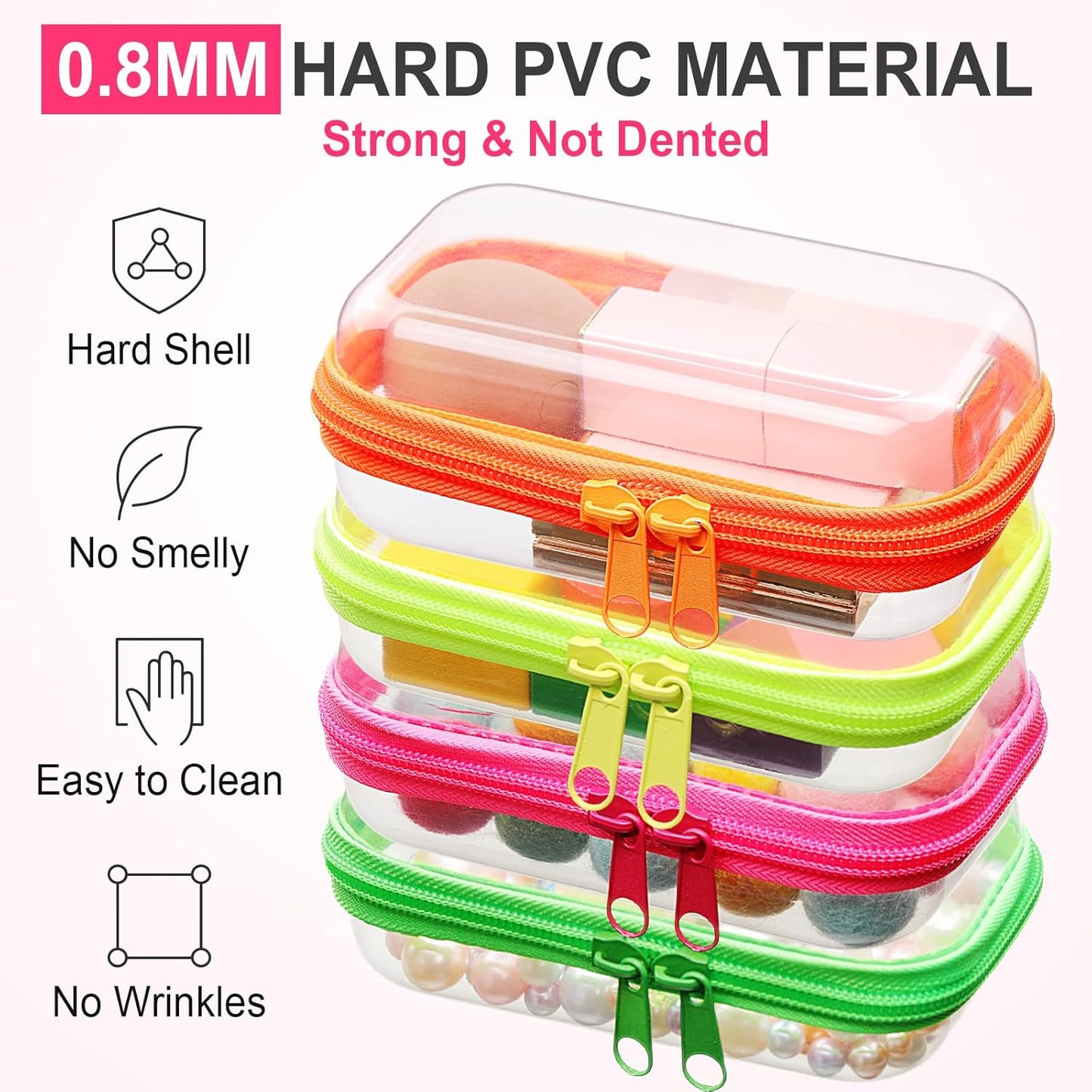 Hoolerry 4 Pcs Hard Clear Zipper Case Makeup Bags Plastic Pencil Pouch Transparent Storage Box Containers for Cosmetics, Snacks, Building Blocks, Puzzles(Fluorescent,5 x 3 x 2 in)