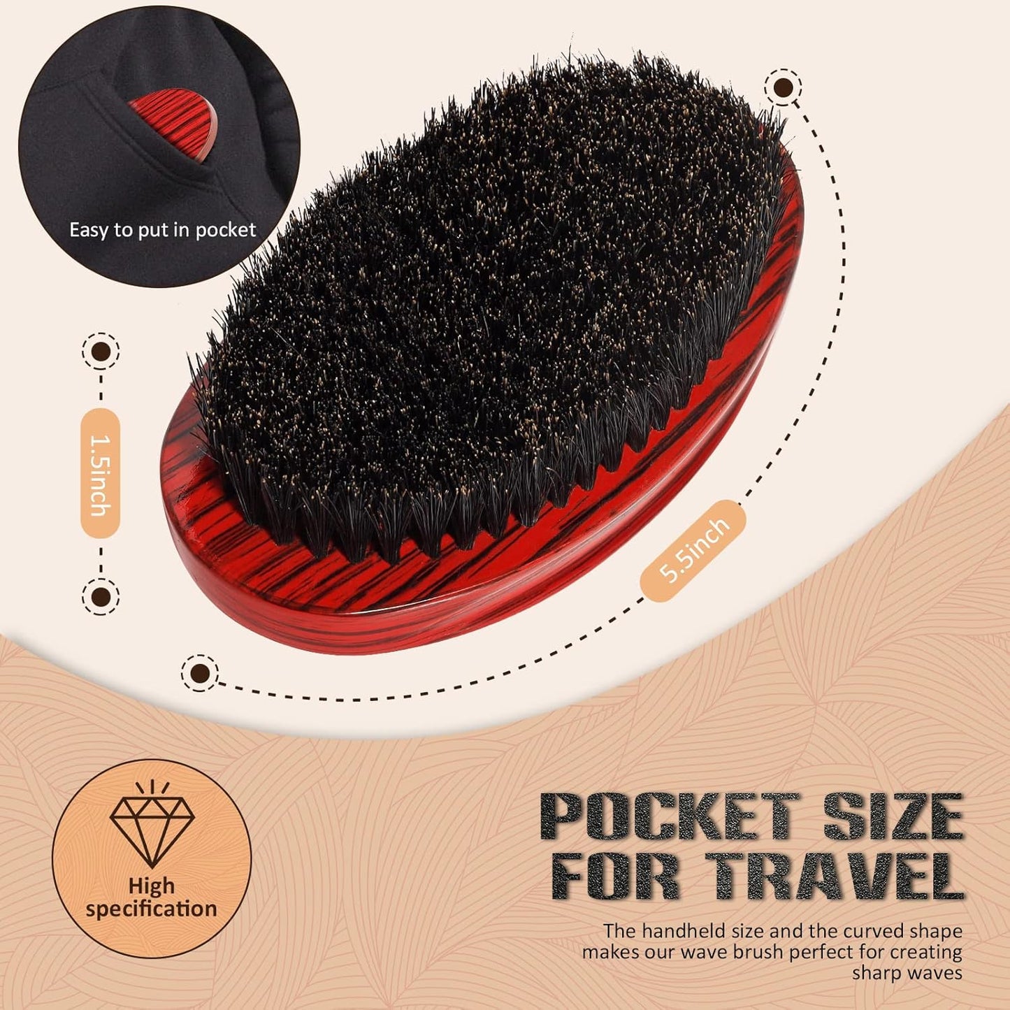 Wave Brush MediumBoar Bristles Hair brush-Designed for Thin and Normal Hair-Mens Curved Military Wave and Beard Brush-Great for 360 Waves