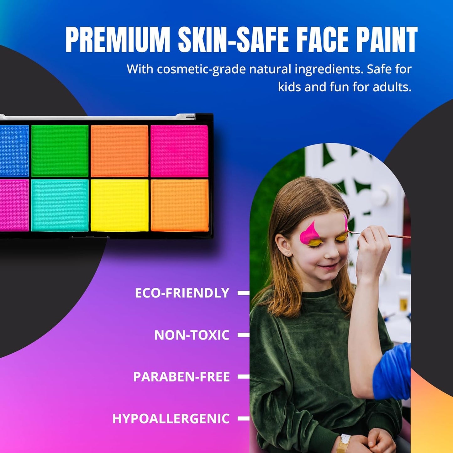 Professional Face Painting Kit - Skin Friendly Face Paint Kit - Cruelty-Free & Vegan Water Based Face Paint Makeup for Theatre, SFX and Halloween- 8 Colors 5g Each - Splashes & Spills (Neon Colors)