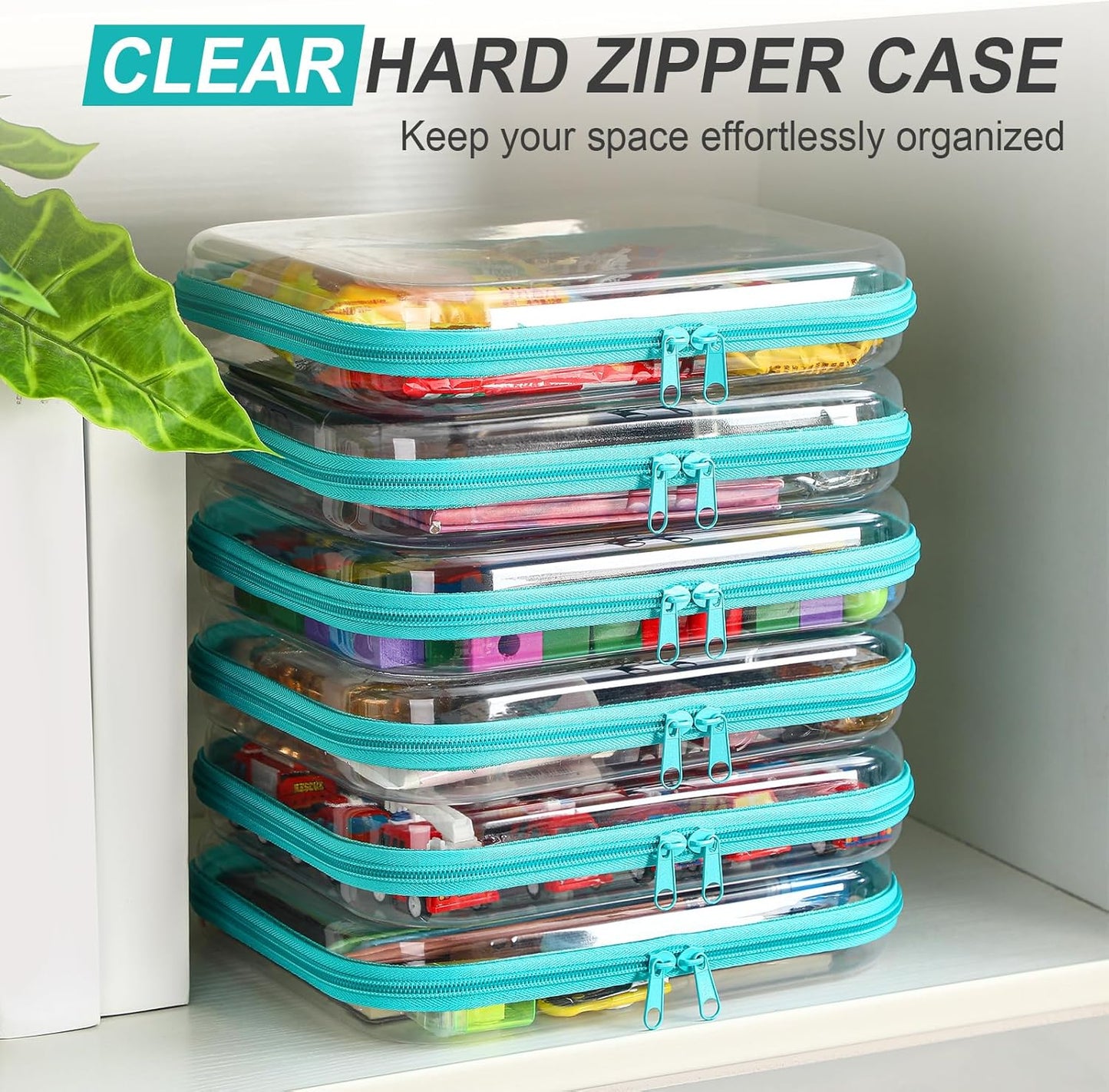 Sanwuta 6 Pcs Clear Hard Zipper Case Pencil Pouches Hard Plastic Zipper Pouches Makeup Bag Transparent Cases for Snacks Plastic Storage Organizer Box for Travel(Teal,9.84 x 7.87 x 2 Inch)