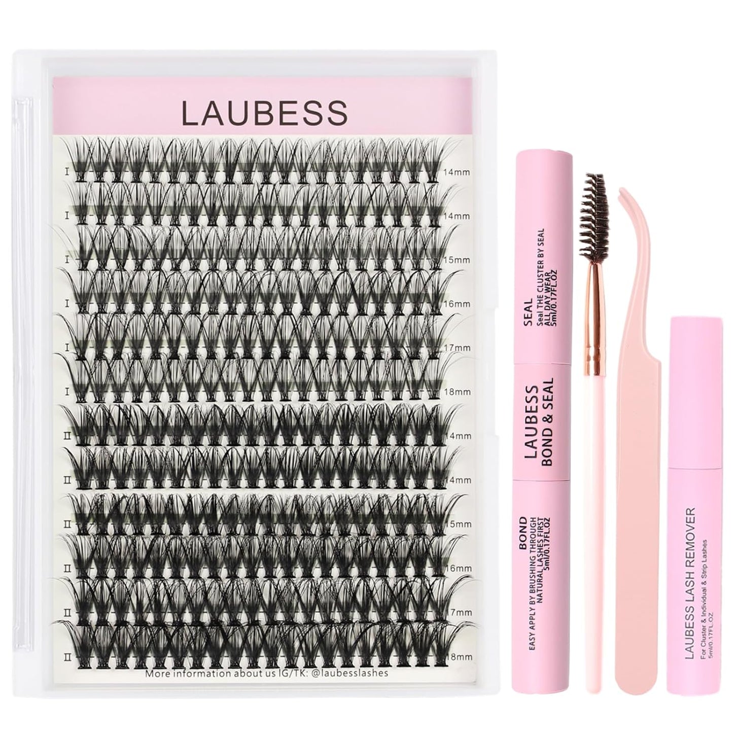 Lash Clusters Kit LAUBESS DIY Lash Extension Kit Lash Bond and Seal Waterproof Lash Glue Remover Tweezers Brush Cluster Eyelash Extensions Kit Eyelash Clusters (Kit 30D/40D-D-Mix14-18)
