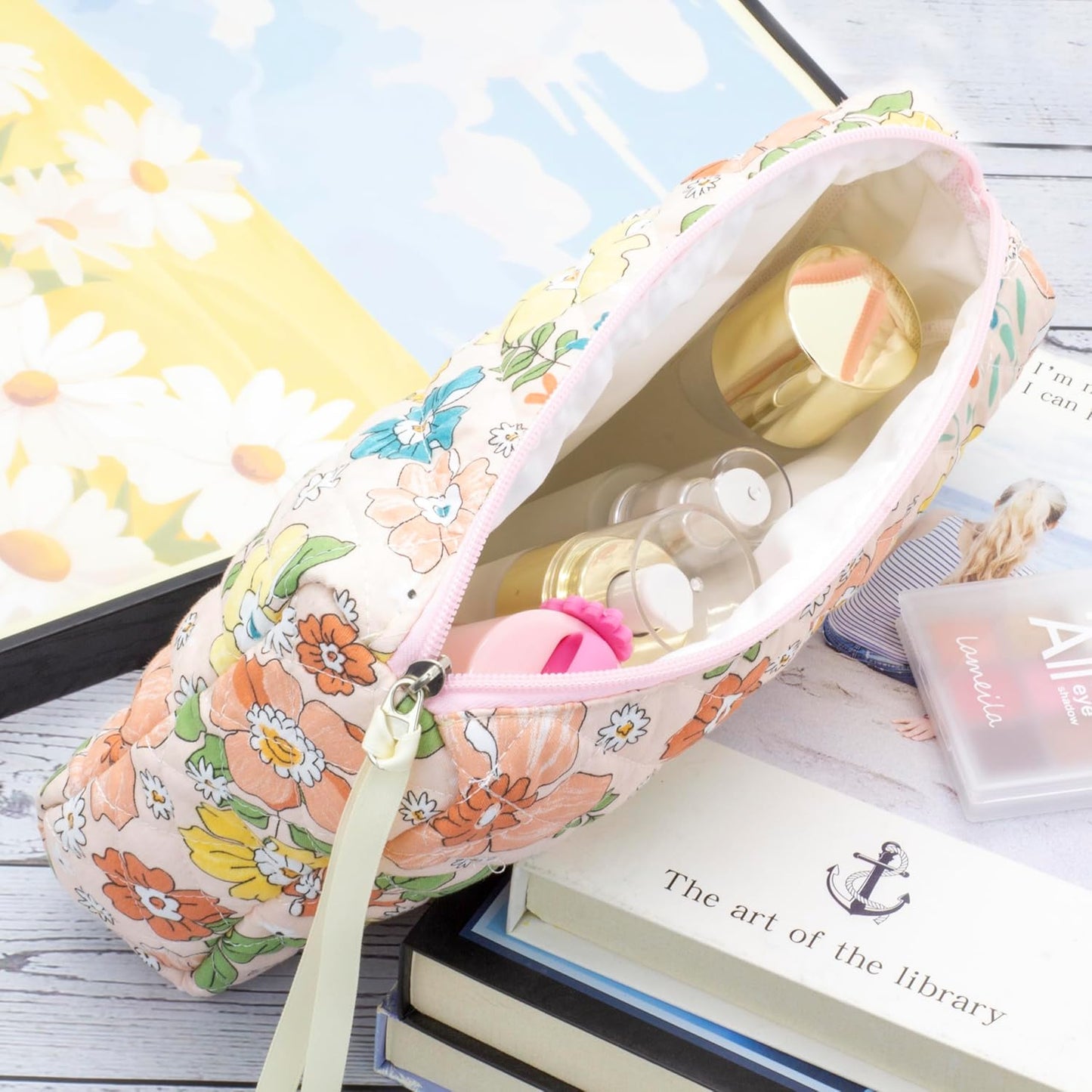 PAZIMIIK Quilted Makeup Bag Large Travel Zipper Soft Cosmetic Pouch for Women Girls Make Up,Floral Orange