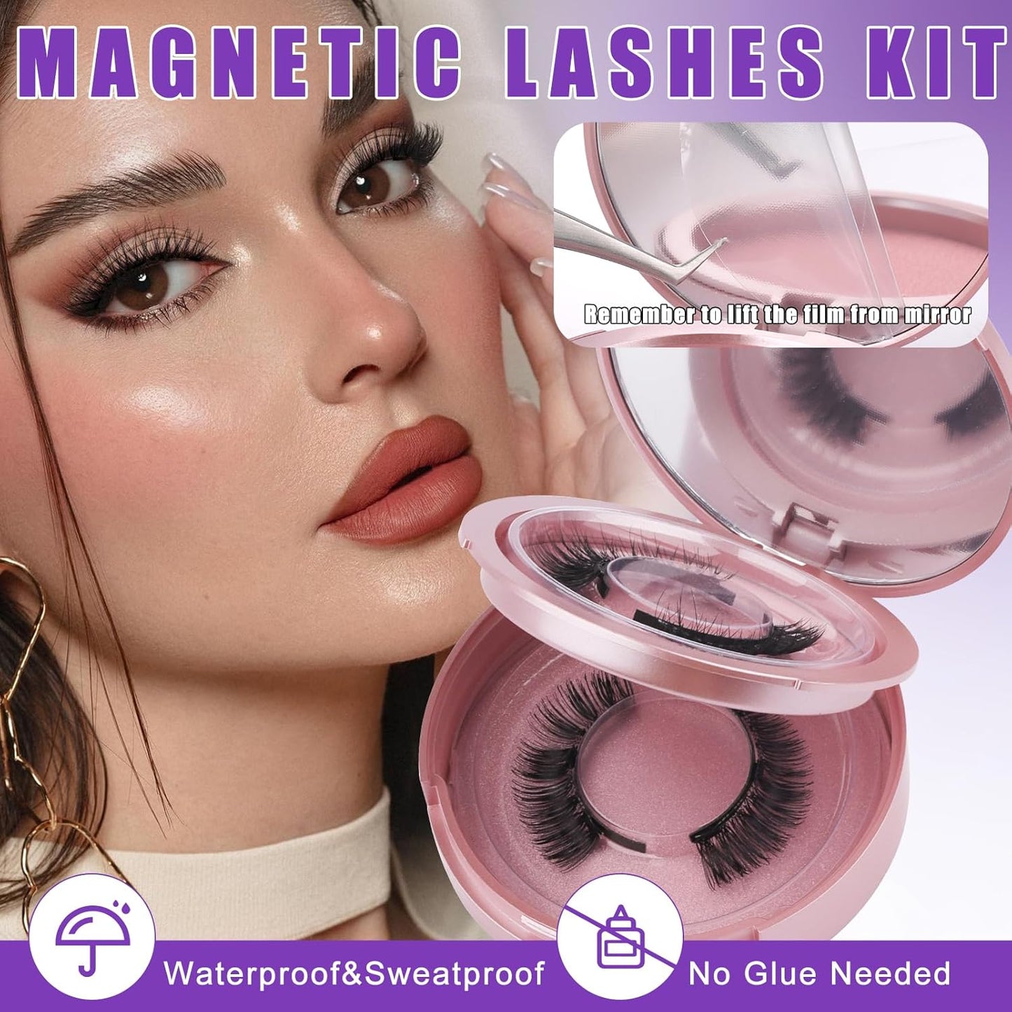 2-Pairs Magnetic Eyelashes Kit with Applicator: Natural Reusable Soft Waterproof False Lash, No Glue Needed, Wendy Lashes, K8+604