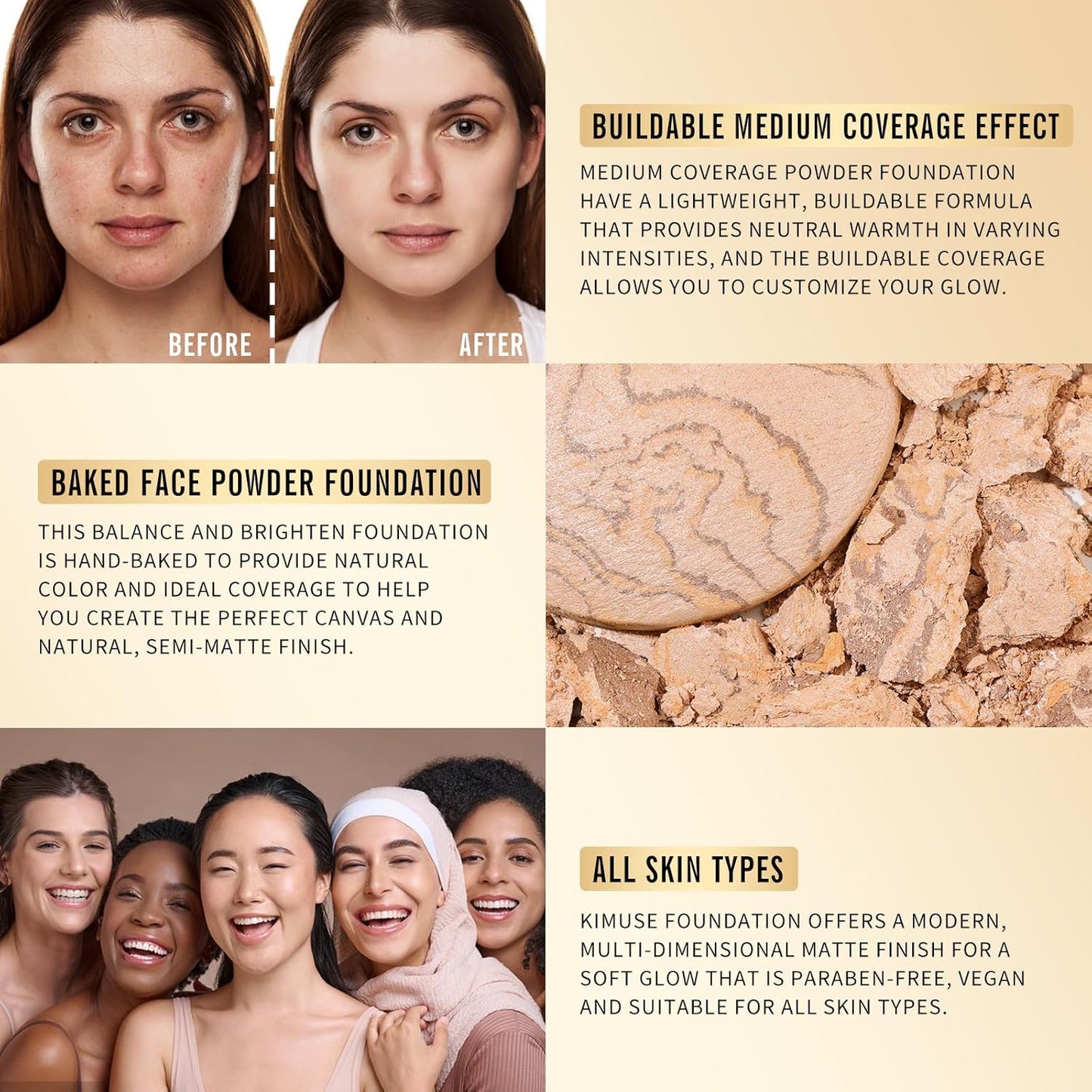 KIMUSE Baked Foundation - Brighten Color Correcting Powder Foundation for Mature Skin, Buildable Coverage, Radiant Natural Finish