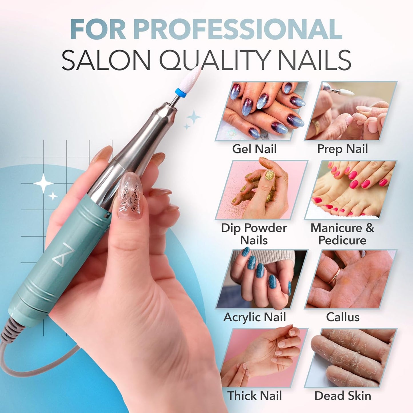 M Mase- Professional Nail Drill Machine - Coreless 2-in-1 Nail File - Electric, Cordless, 35000 RPM, HD Display - Electric Nail Drill for Professional & Home Use (Teal)