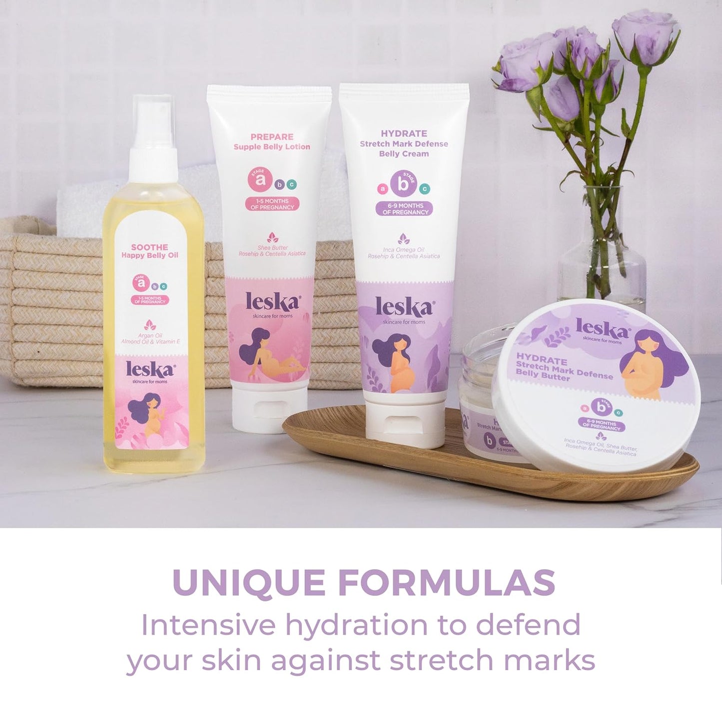 Leska Pregnancy Stages A & B Set | Belly Lotion, Belly Oil, Stretch Mark Defense Cream & Belly Butter | Pregnant Mom Months 1-9 | Part of Complete 3-Part Pregnancy Skincare System (Set of 4, 4-4.93oz)