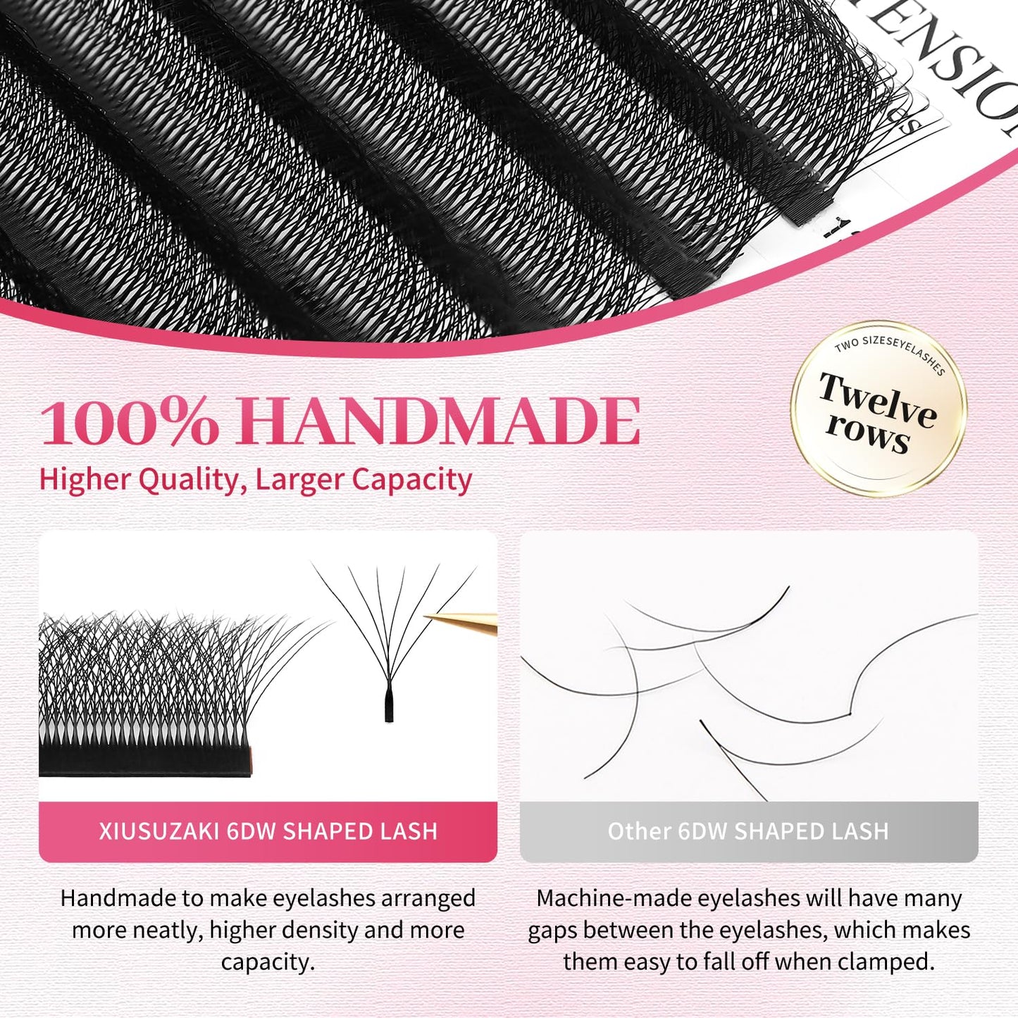 W Lash Extensions Supplies 6D Eyelash Extensions W Shape 0.07mm Thickness D Curl 11mm Premade Fans Easy Fan Lashes Volume Matte Black 12 Rows Crisscross Eye Lashes(W-6D-0.07-D,11mm)