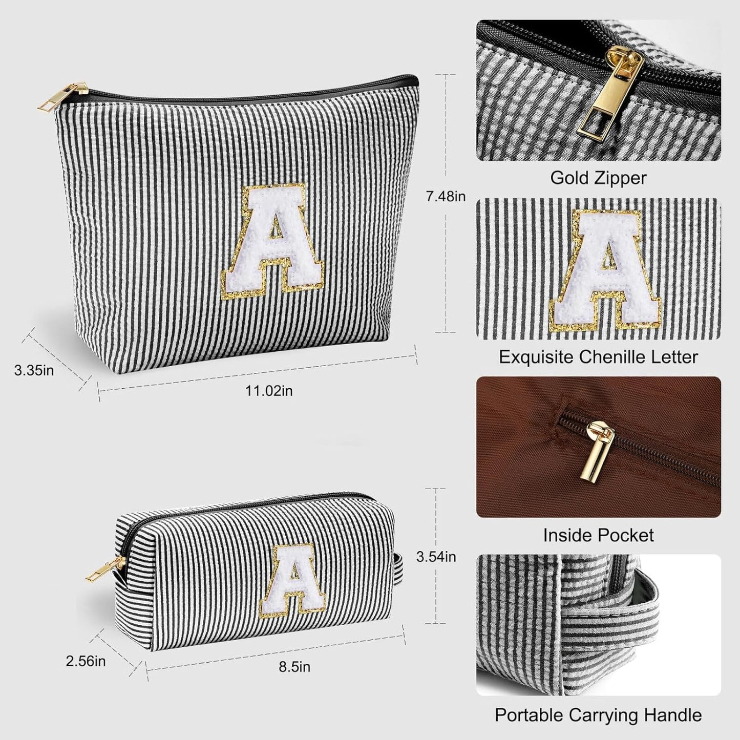 YOOLIFE Initial Makeup Bag for Women, Travel Cosmetic Bag with Small Makeup Brush Bag Cute Makeup Bag Toiletry Travel Bag Personalized Wife Friend Gifts Christmas Birthday Gifts for Women Her Black R