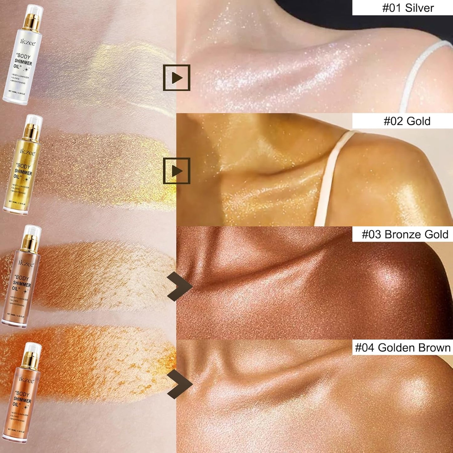 Body Glow Shimmer Oil 100ml, Moisturizing Long Lasting Face Brightener, Waterproof Liquid Illuminator, Highlighter for Summer Tanning (#01 Silver)