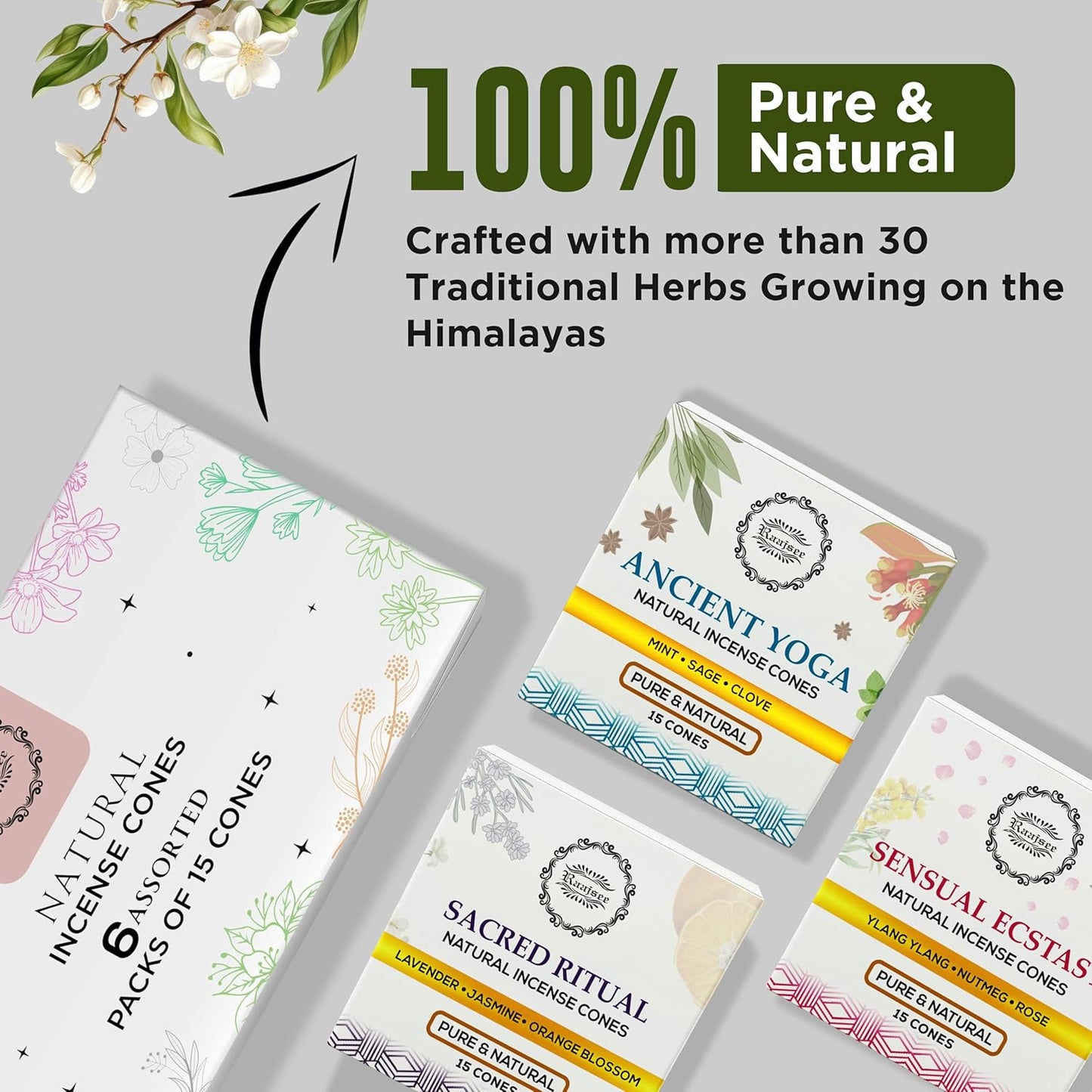 Raajsee Natural Incense Cones,6 Pack Mixed Scents Gift Pack 15 pc Each (90 Total), Insense Cones Variety Pack, 100% Organic Non Toxic Natural - Hand Rolled Free from Chemicals (Pack 3)