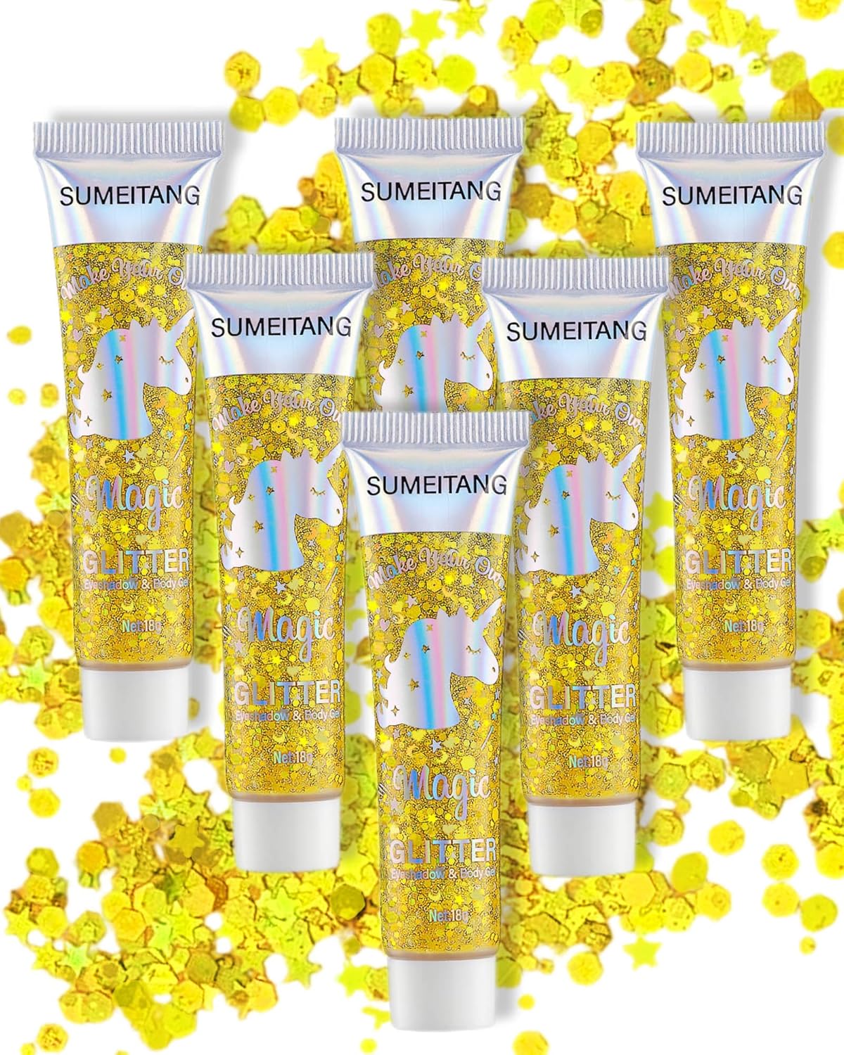 6PCS Gold Face Body Glitter Gel，Holographic Chunky Sequins Body Glitter Paint for Party Singer Concerts Music Festival Rave Accessories for Girls Women Face Body DIY Sparkling Makeup