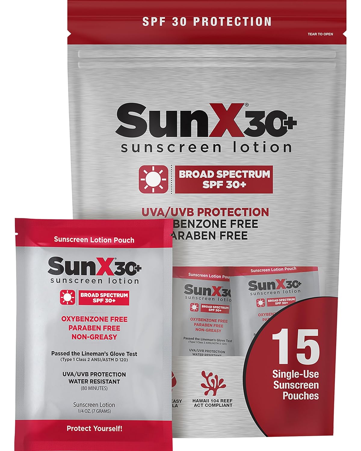 CoreTex Sun X 30+ SPF Broad Spectrum Sunscreen Packets with Resealable Travel Bag - Pack of 15 Paraben, Oxybenzone, Octinoxate, & Oil Free Sunscreen - Water & Sweat Resistant Up to 80 Minutes