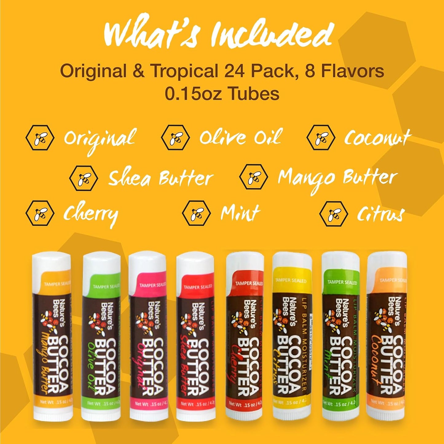 Nature's Bees Lip Balm, Bulk Lip Care Pack for Dry, Cracked Lips, Made in the USA with Natural Ingredients, 0.15 oz Each, 8 Flavors, 24 Pack