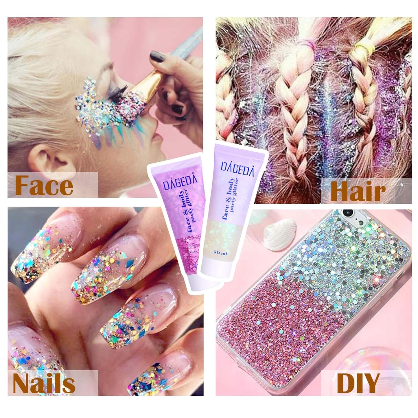 DAGEDA Body Glitter Gel, Face Glitter Body Gel Sequins Shimmer Liquid Eyeshadow, Chunky Glitter for Face Hair Nails, Holographic Cosmetic Laser Powder Festival Glitter Makeup 50ml(White)