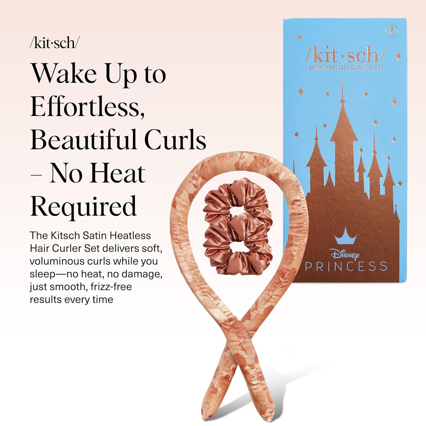 Disney & Kitsch Satin Heatless Hair Curler Set - Heatless Curls Overnight, Hair Rollers for Soft Curls & Frizz-Free Styling, No Heat Curlers To Sleep in, Curling Rod Headband - Princess Party