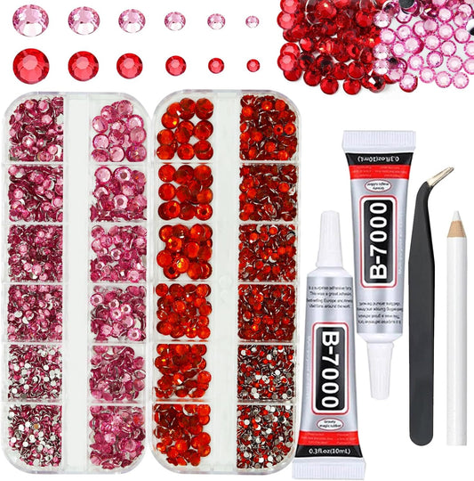 Pink and Red Rhinestones with Glue(S8-S30) for Bedazzling,2mm-6mm Non-Hotfix Flatback Nail Gems Beads with B7000, Resin Nail GemsStones Diamond Kit for Bedazzle Crafting, Nails DIY Art Decoration