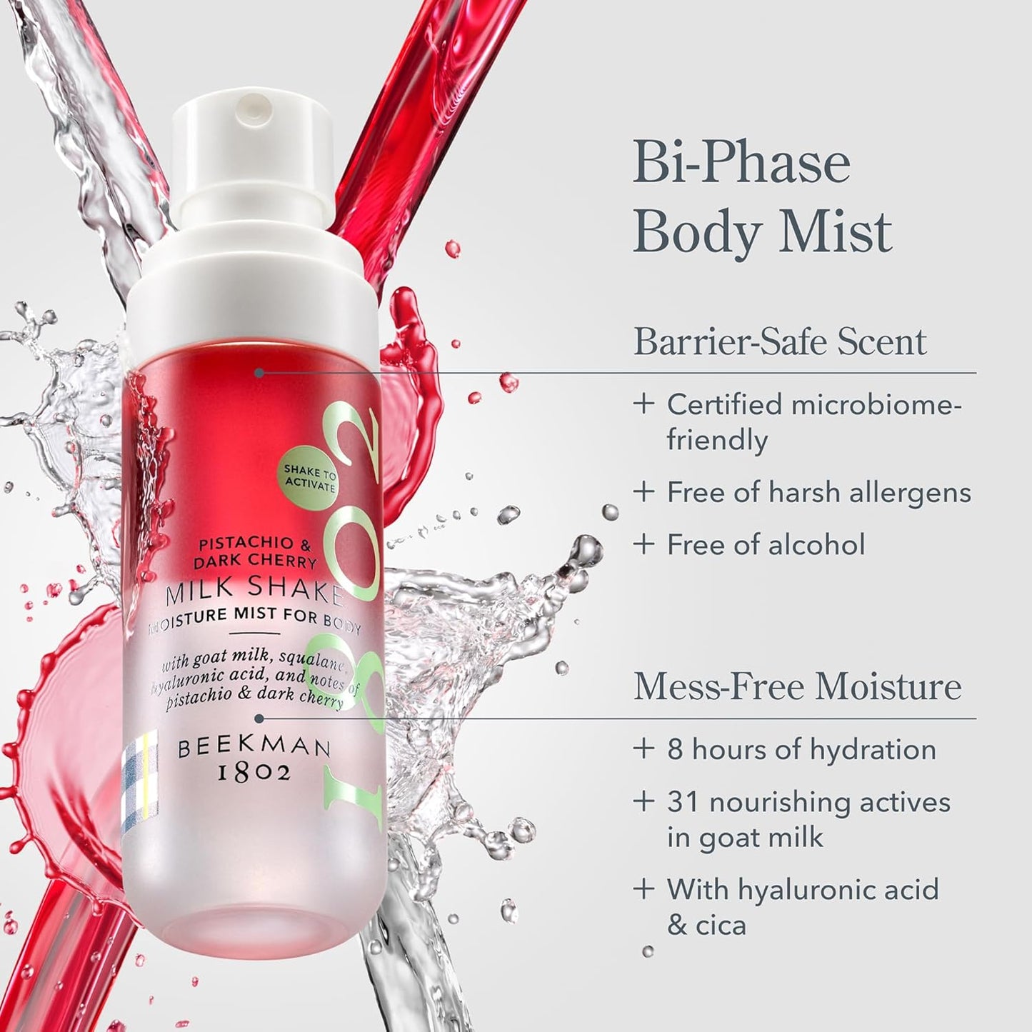 Beekman 1802 Milk Shake Body Mist - Pistachio & Dark Cherry 2 fl oz - Hyaluronic Acid, Jojoba Oil, Instantly Moisturizes, Hydrates & Softens, Good for Sensitive Skin, Cruelty Free