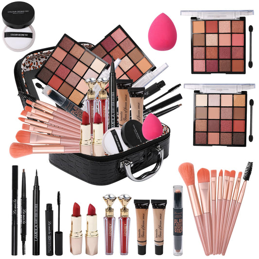 Makeup Kit for Teen Girls,All in One Makeup Kit for 2X16 Colors Eyeshadow Liquid Foundation Eyeliner Pencils Contouring Stick Lip Gloss Eyebrow Pencils 8Pcs Makeup Brushes etc (black)