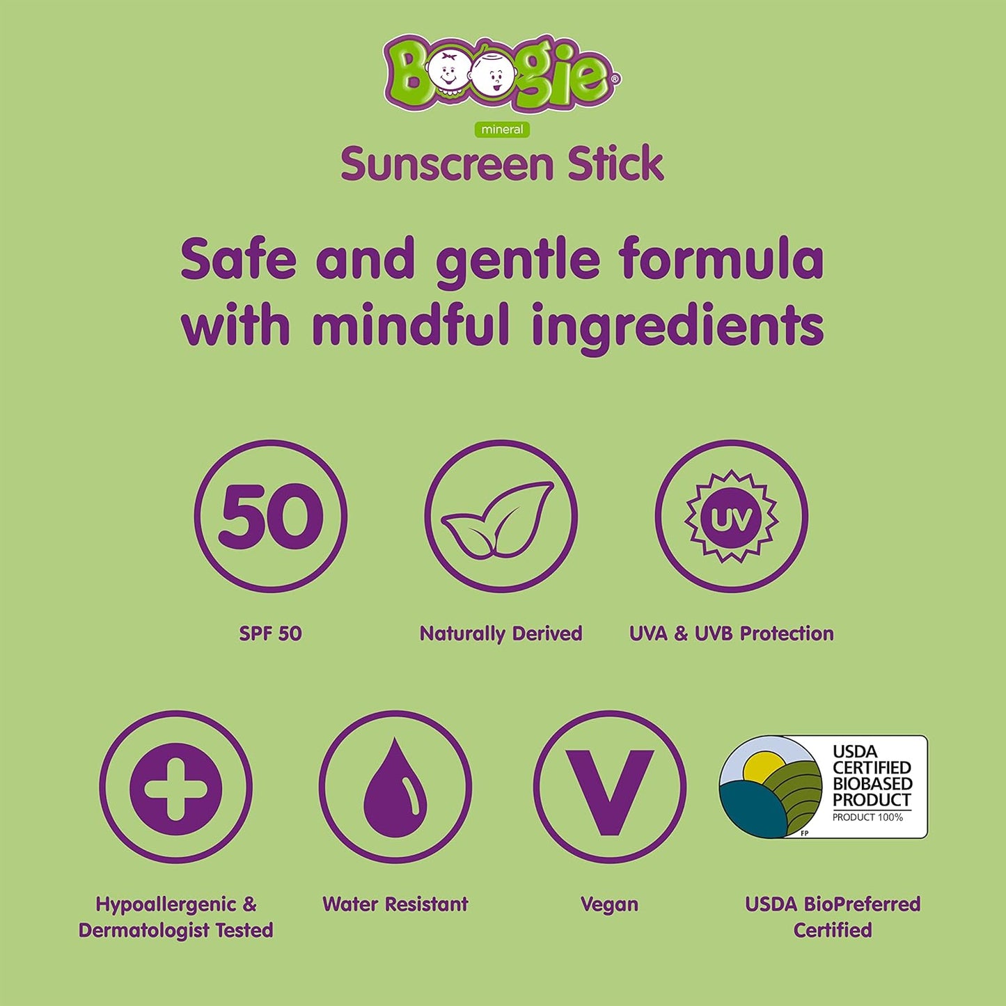 Baby Sunscreen Stick by Boogie Block, Mineral Sunscreen SPF 50, Travel Size Sunblock for Kids, Zinc Oxide, Water Resistant, Vegan, Fragrance Free Pack of 1