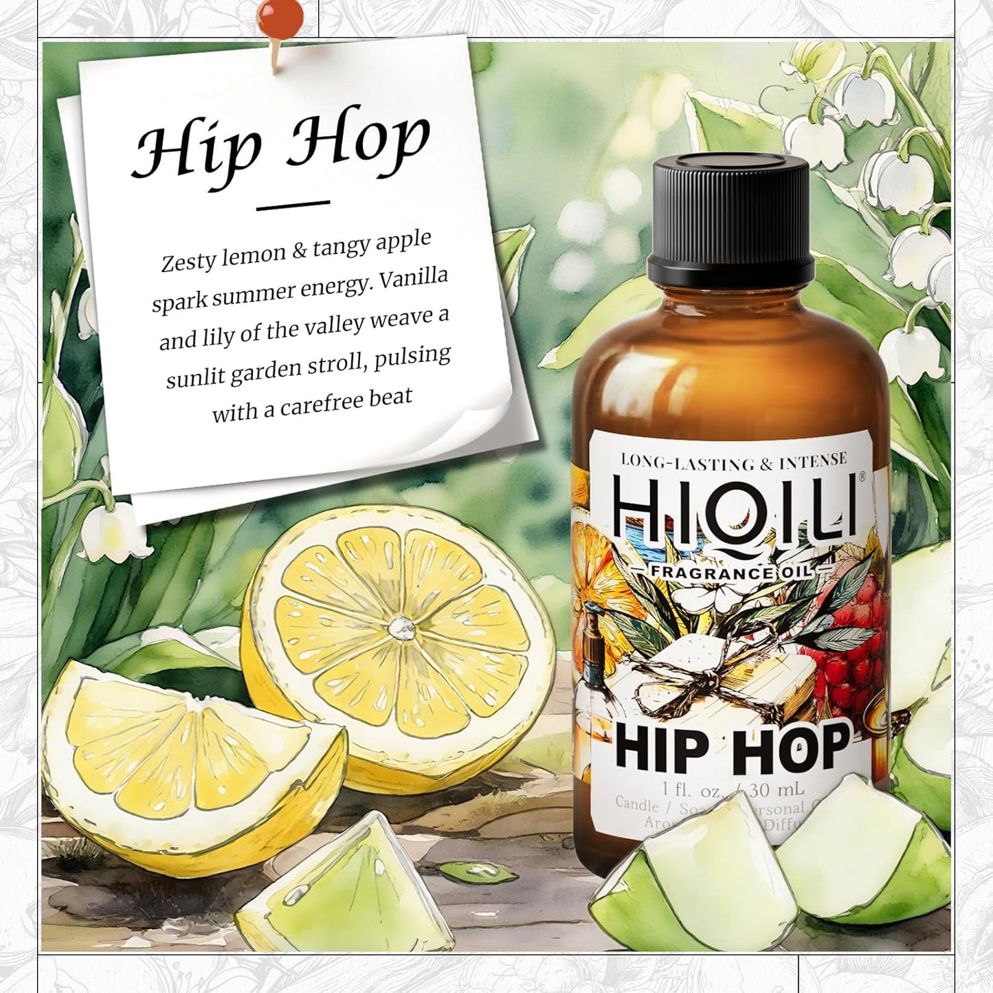HIQILI Hip Hop Fragrance Oil for Scent Diffusers, Lemon & Green Apple Scents, Candles & Soaps Making, Add to Body Scrub and Spray - 1 Fl Oz