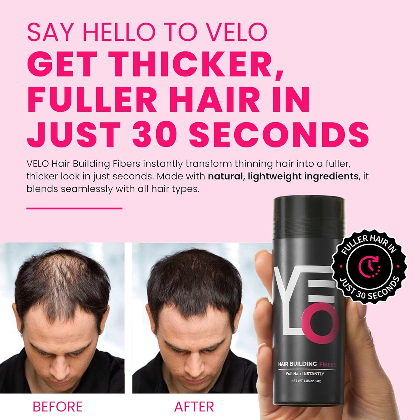 VELO Hair Building Fibers for Thinning Hair –MEDIUM BLONDE Hair Fibers for Men & Women – Covers Bald Spots, Hairline Powder, Hair Thickening Fibers – Hair Filler Powder for Fuller-Looking Hair – 30g
