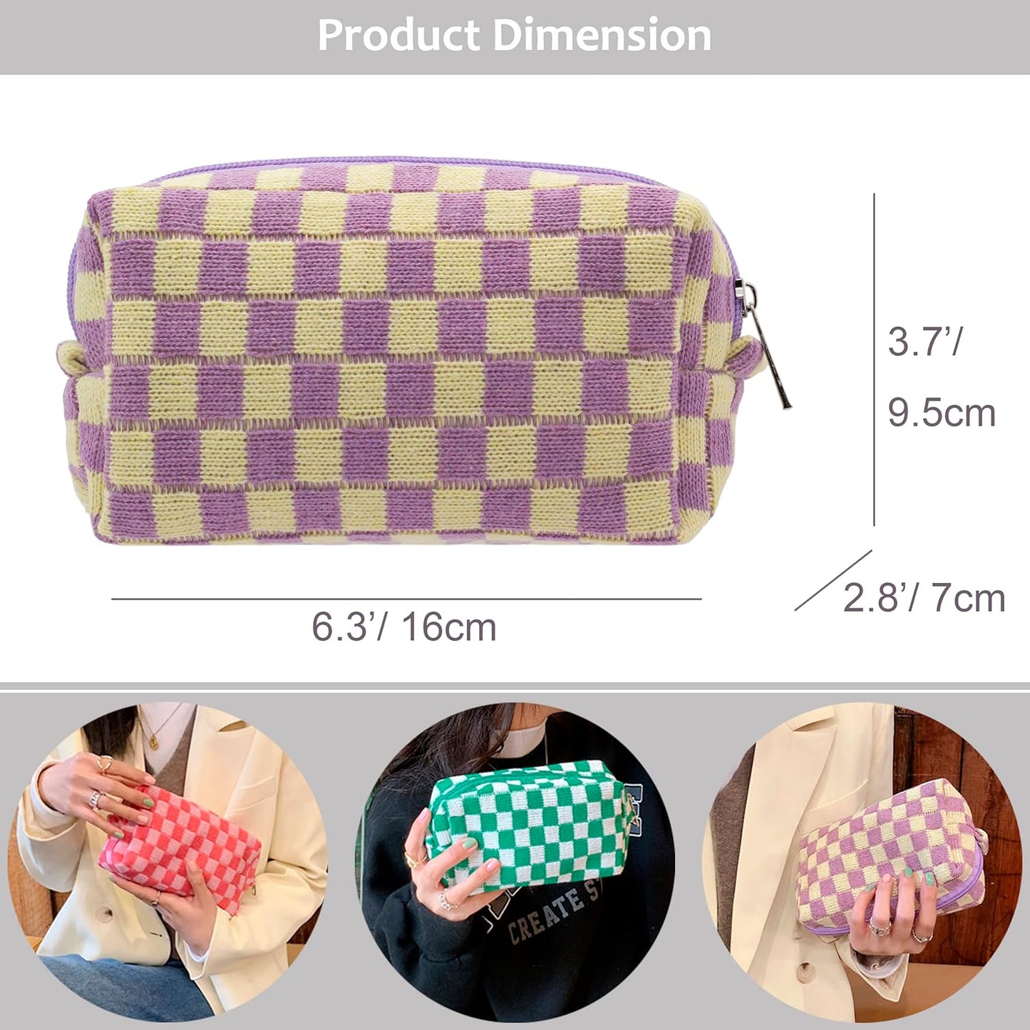 PAZIMIIK Checkered Makeup Bag for Purse Portable Zipper Make Up Pouch Small Cosmetic Case for Travel Accessories (6PCS Purple)