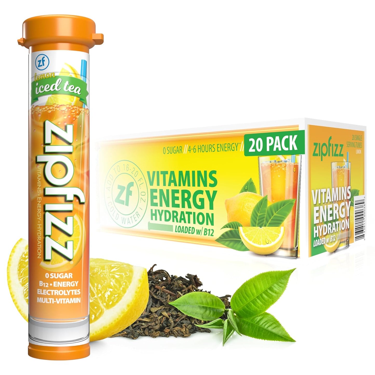 Zipfizz Daily Energy Drink Powder, Lemon Iced Tea, 20 Pack | 3-in-1 Sustained Energy, Rapid Hydration, and Essential Vitamins | Sugar-Free | Electrolyte Powder | Contains Vitamin B-12 & Antioxidants