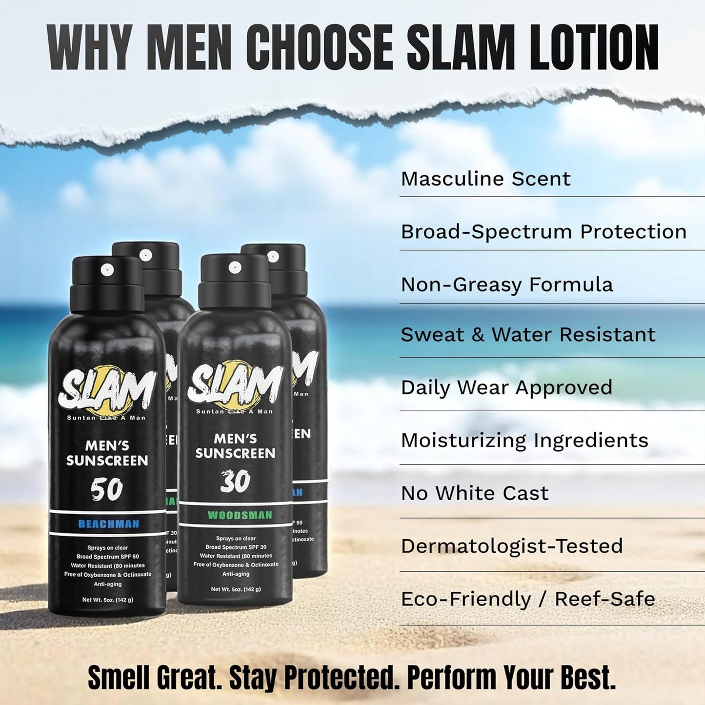 SLAM WoodsMan Men's Scented Sunscreen Spray SPF 30 – Broad Spectrum Sun Screen Spray for Face & Body, Water Resistant & Sweat Resistant Sunscreen, UVA/UVB Protection, Sunblock for Men