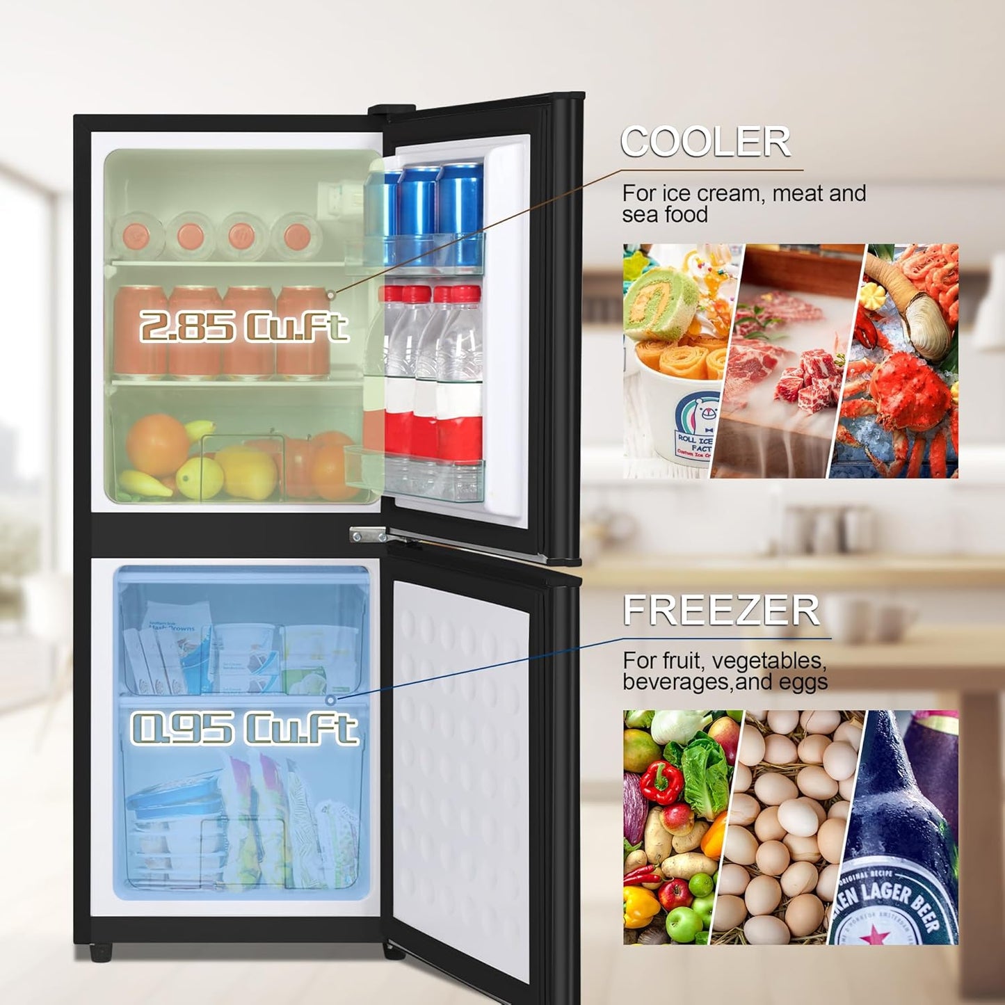 Small Refrigerator with Freezer for RV 4.2 Cu. Ft. Mini Fridge with Bottom Freezer, 7-Level Temperature Control Dorm Fridge for Kitchen, Office, Apartment, Black