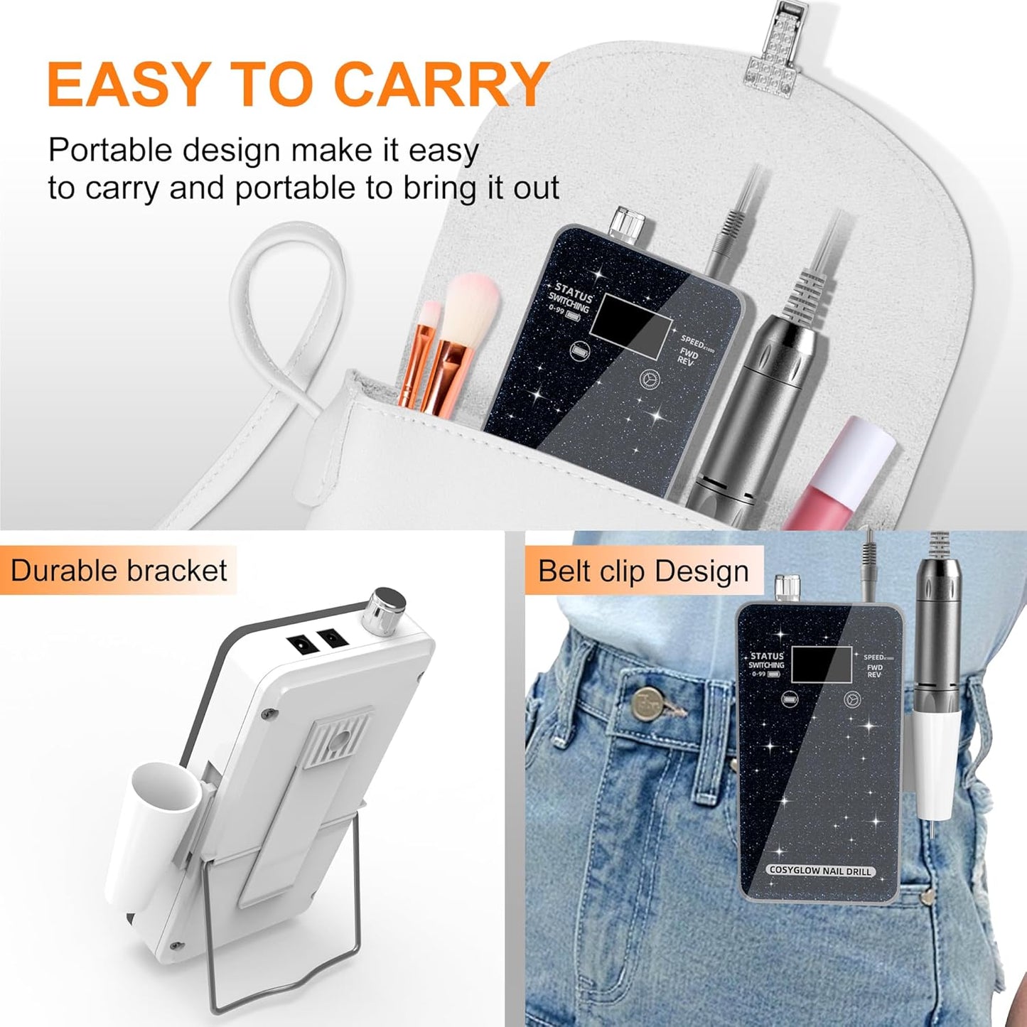 Professional Electric Nail Drill File:COSYGLOW Glitter Portable Cordless E-File Nail Drill Kit with 11 Drill Bits,30000 RPM Rechargeable Nail Drills Machine for Acrylic Nails Gel Polishing(Black)