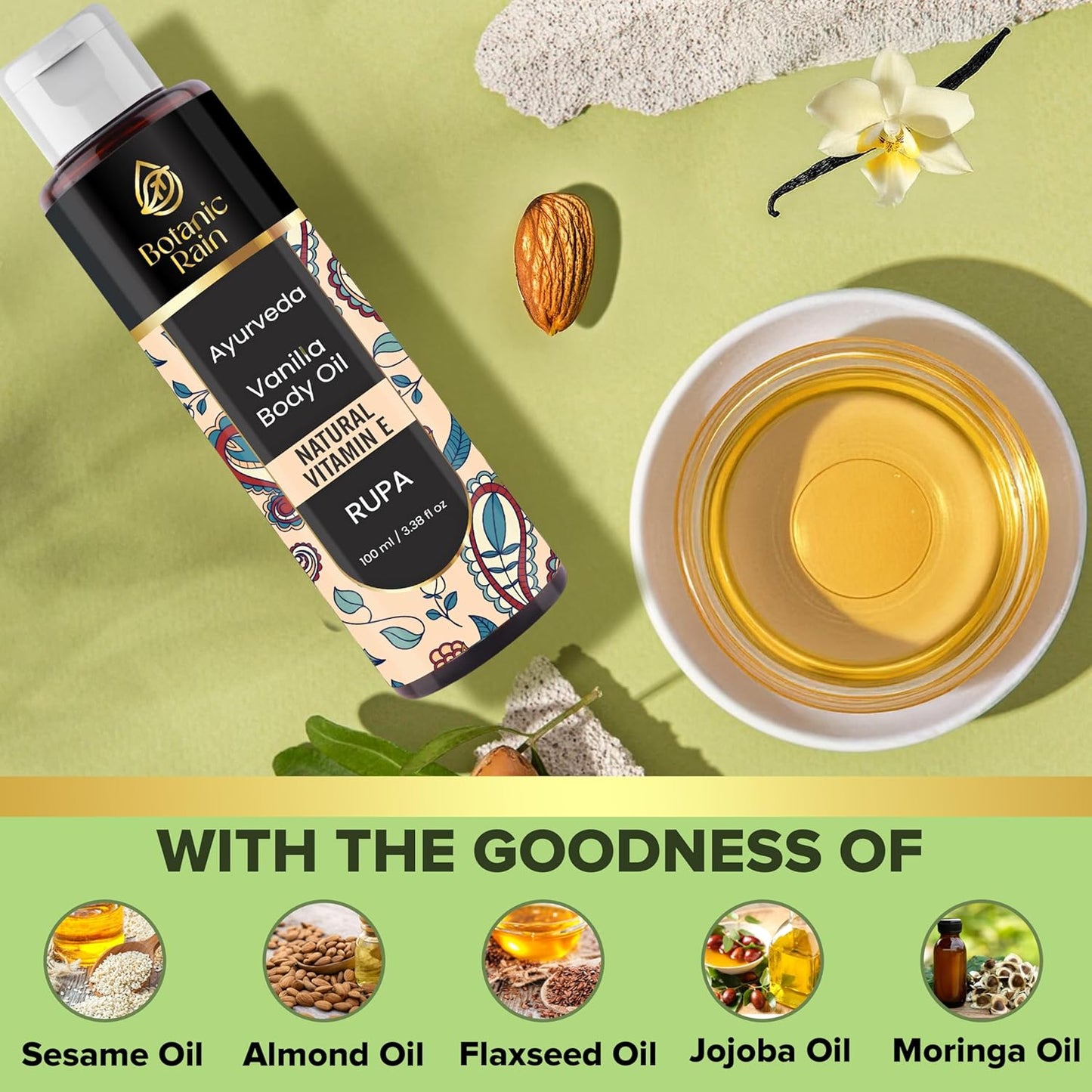 Ayurveda Vanilla Body Oil, Organic, Nourishing, & Hydrating Moisturiser for Dry, Flaky Crepey Skin - Fast Absorbing, Non-Greasy, Ayurvedic for Women & Men – 3.38 fl oz (1)