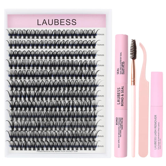 Lash Clusters Kit LAUBESS DIY Lash Extension Kit Lash Bond and Seal Waterproof Lash Glue Remover Tweezers Brush Cluster Eyelash Extensions Kit Eyelash Clusters (Kit 40D-C-Mix14-18)