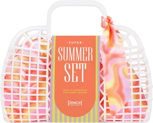 Pinch Provisions Super Summer Jelly Tote, 12 Beach & Poolside Accessories For Beauty, Perfect for Pool & Beach Days, Includes Oil Absorbing Roller, Rechargable Fan, Towel Clips, & Ice Roller