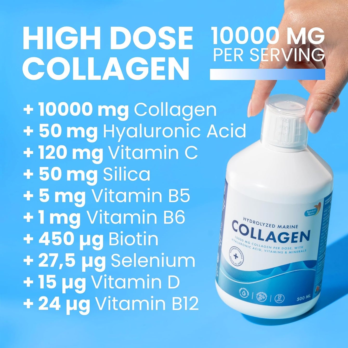 Swedish Nutra - Liquid Marine Collagen 10,000mg - 3 Packs of 500ml I Hydrolyzed Collagen Peptides (Type I & III) I Hyaluronic Acid, Biotin, Vitamin C - 60 Day Supply