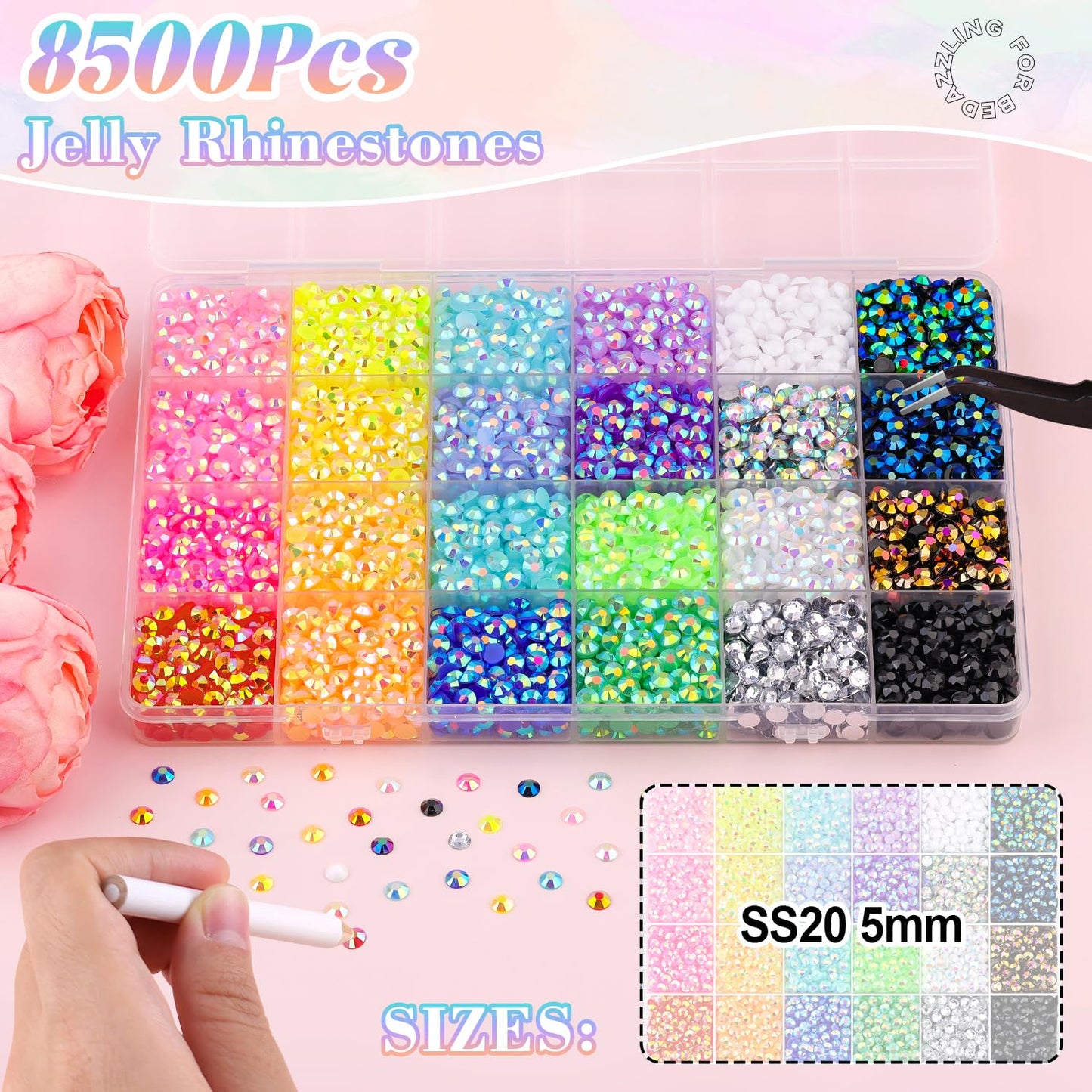 8500Pcs Resin Rhinestones for Bedazzling with B7000 Jewelry Glue, 5MM Colorful Gems Flatback Rhinestones for Crafting, Crystal for DIY Crafts Clothing Tumblers Mugs Shoes Fabric Decor Nail Art
