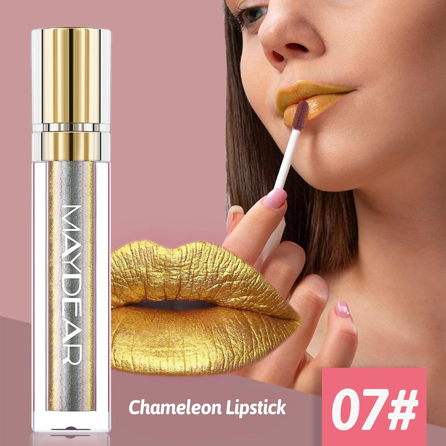 Maydear Chameleon Lipstick, High Pigmented Gold Lipstick for Women Metallic Shine Lip Gloss, Full-Coverage Multichrome Lipstick Long Lasting Rainbow Lip Makeup, Golden Bronze(07)