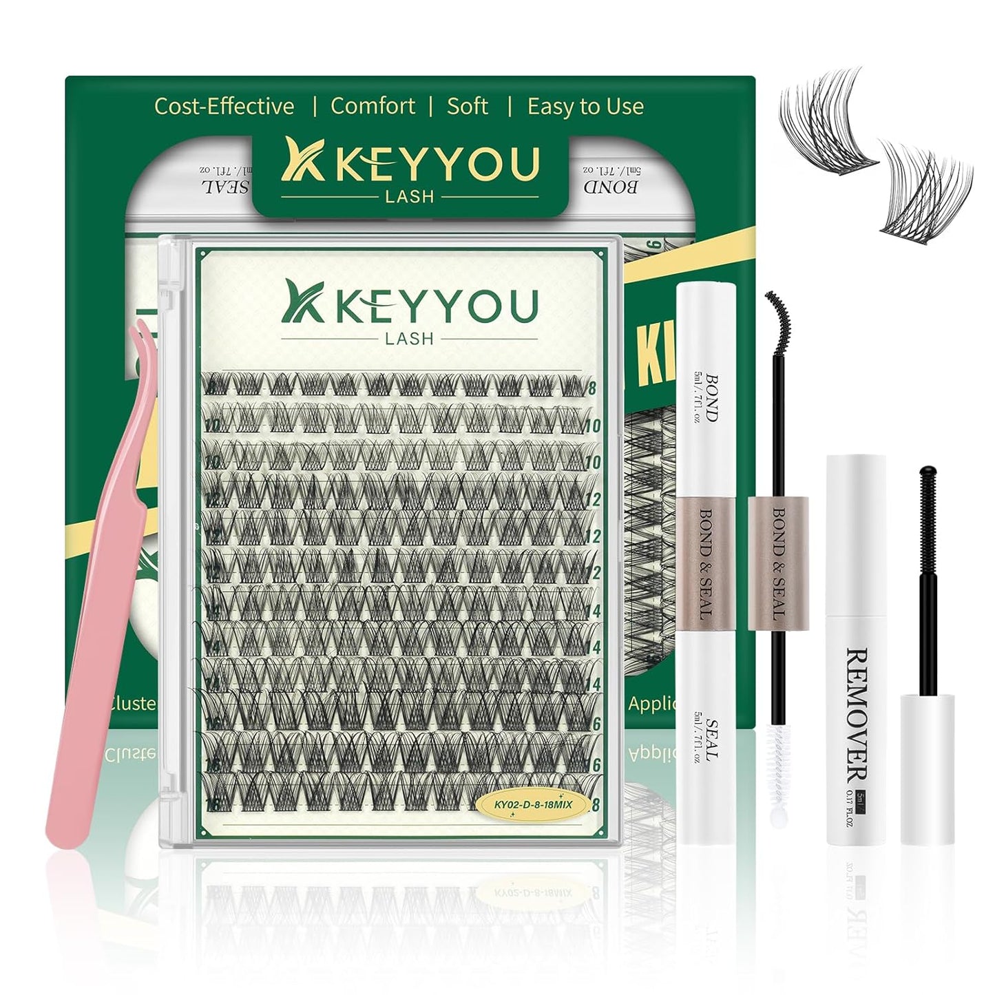 KEYYOULASH DIY Lash Extension Kit 144pcs 8-18MIX Lash Clusters Eyelash Extension Kit with Lash Bond and Seal,Remover,Applicators for DIY Lash Extensions at Home (KY02 Kit)