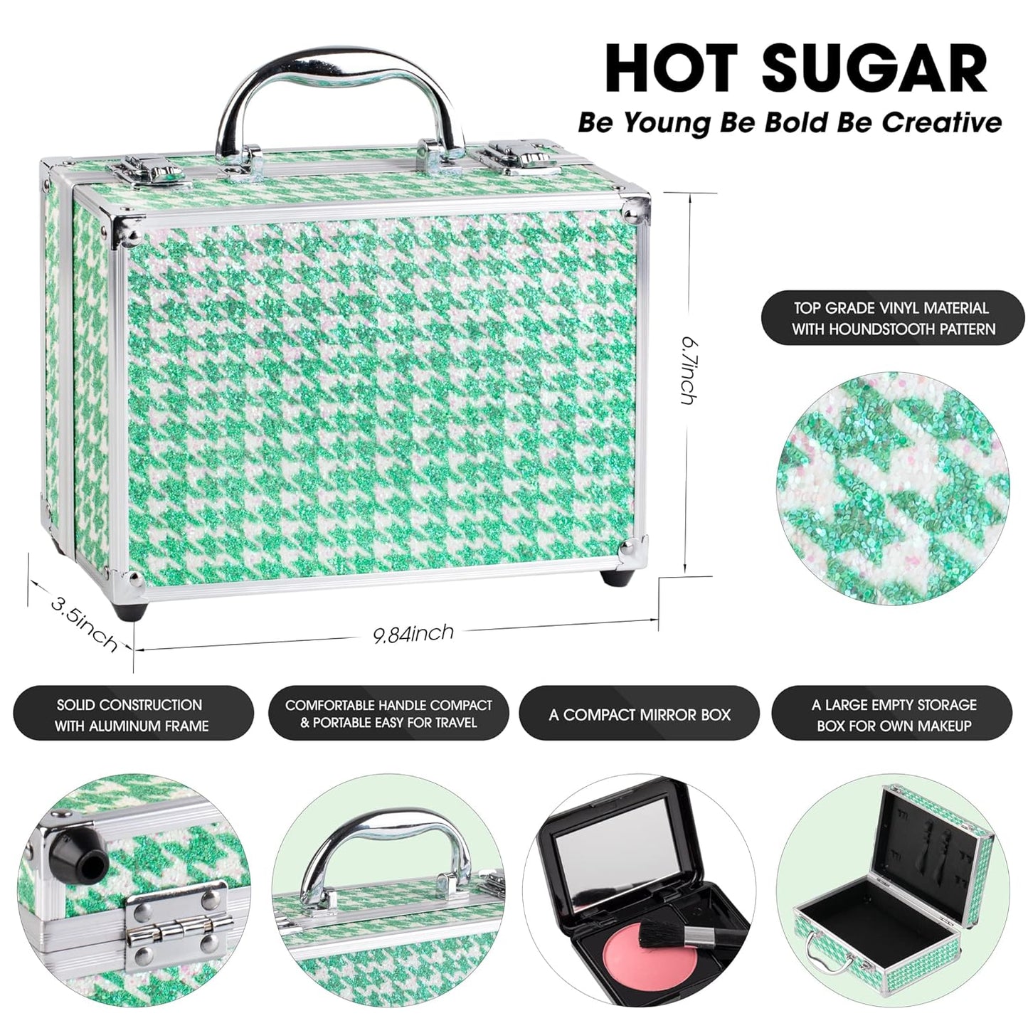 Hot Sugar Teen Makeup Kit for Girls 10-13 Full Starter Cosmetics Set with Eye Shadow Lip Balm Blush Lip Gloss Brush Lip Pencil Eye Pencil and Mirror (GREEN HOUNDSTOOTH)