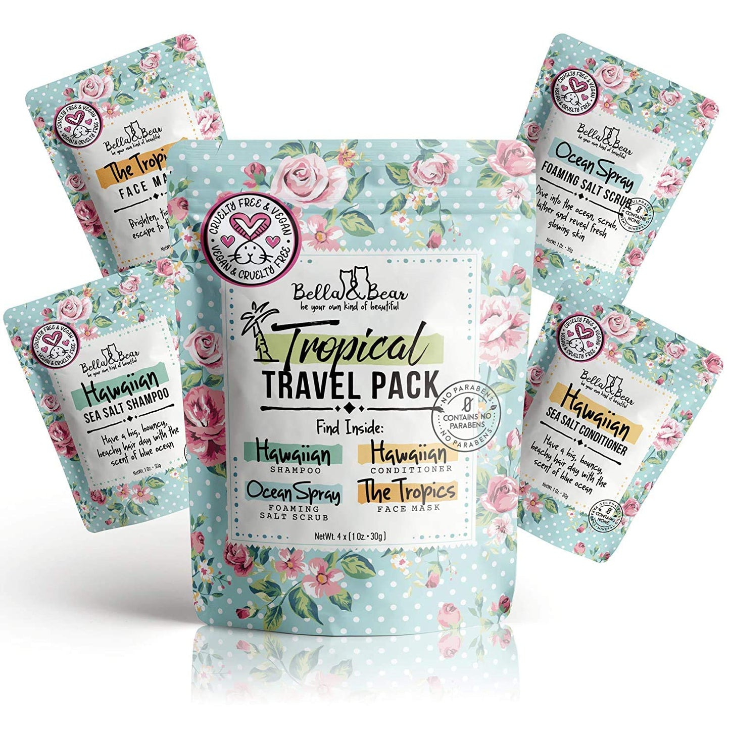 Bella & Bear Tropical Travel Pack, Self Care Kit, Includes Cruelty Free Shampoo, Conditioner, Body Scrub, Face Mask,1oz, Pack of 4