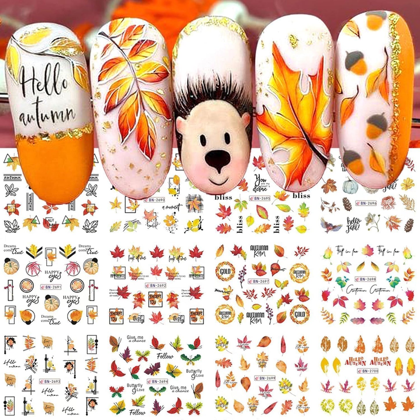 Fall Thanksgiving Nail Art Stickers Decals, 12 Sheets Maple Leaf Design Water Transfer Nail Decals Autumn Thanksgiving Nail Art Decoration Abstract Leaves Ginkgo Slider Nail Foils for Women DIY Supply