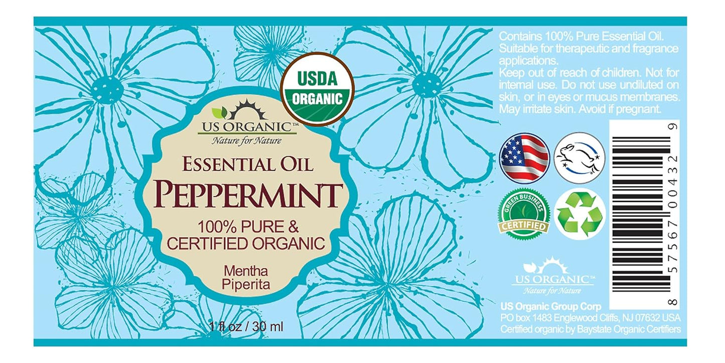 US Organic 100% Pure Peppermint Essential Oil - USDA Certified Organic - 30 ml Pack of 2 - w/Improved caps and droppers (More Size Variations Available)