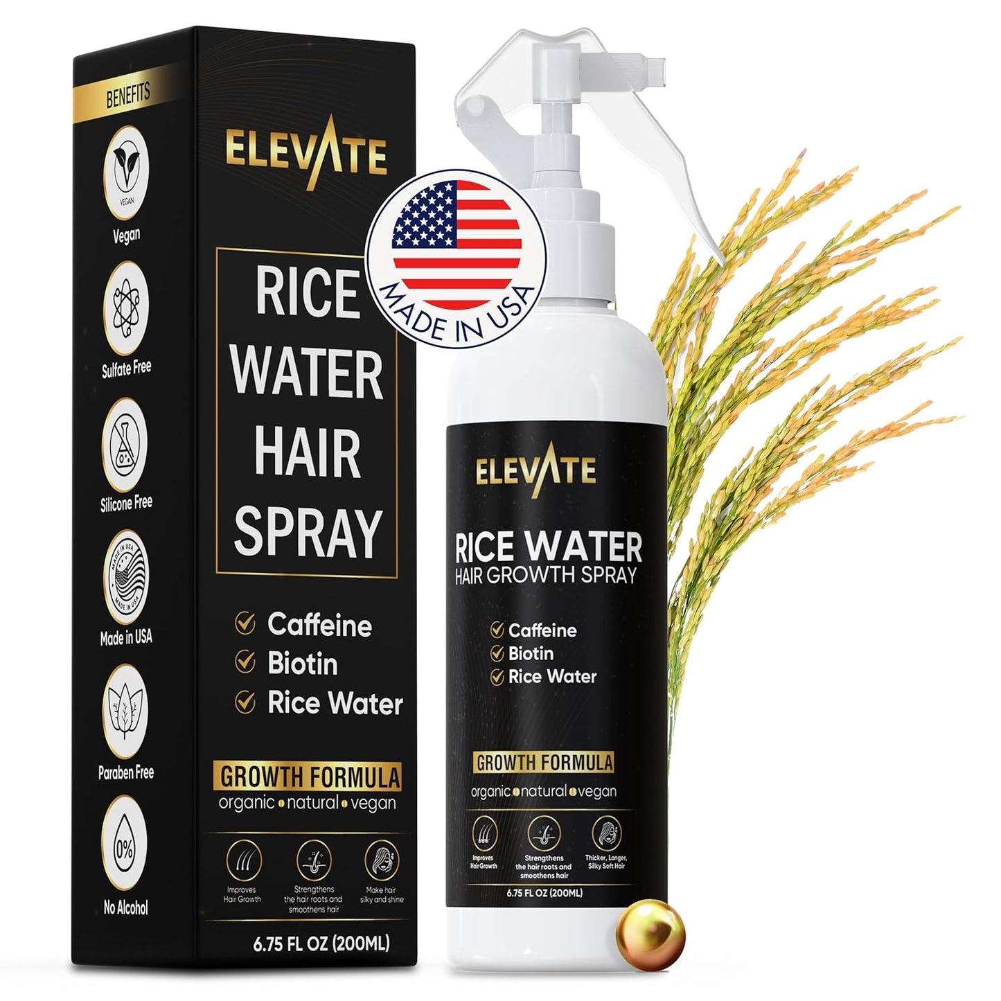 Elevate Rice Water Hair Growth Spray - Infused with Biotin, Caffeine & Aloe Vera for Thicker, Longer, Softer Hair - Fermented Leave In Mist for Thinning, Damaged Hair - Vegan & Non-Greasy
