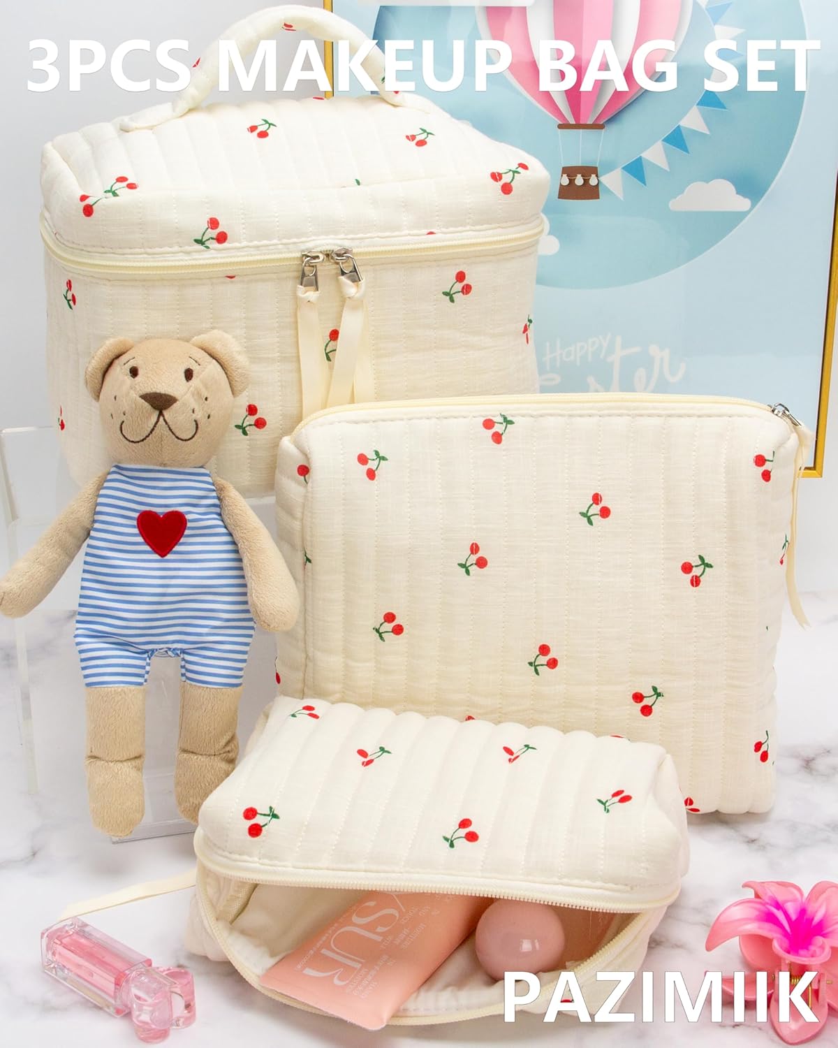 PAZIMIIK 3PCS Makeup Bag SET Large Travel Quilted Zipper Soft Cosmetic Case Pouch for Women Girls Make Up,Cherry Beige