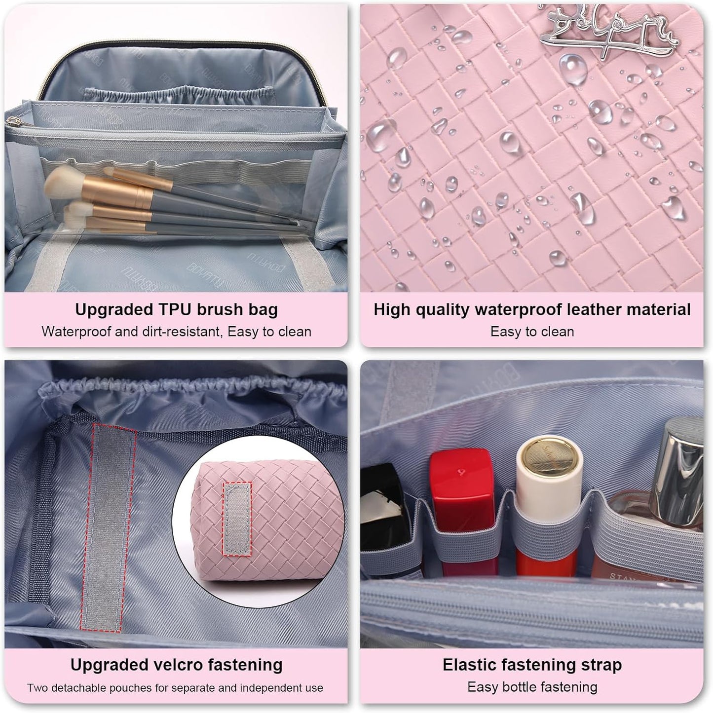 BOYATU Travel Makeup Bags for Women: Large Cosmetic Bag Waterproof - Vegan Leather Make up Bags Set of 3 - Portable Toiletry Organizer (L09 Violet)