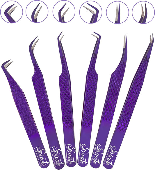 SIVOTE Eyelash Extension Tweezers Fiber Tips, Set of 6, Curved, Dolphin, 90 Degree 45 Degree, Volume Boot & Slight Curved Tweezer, Purple